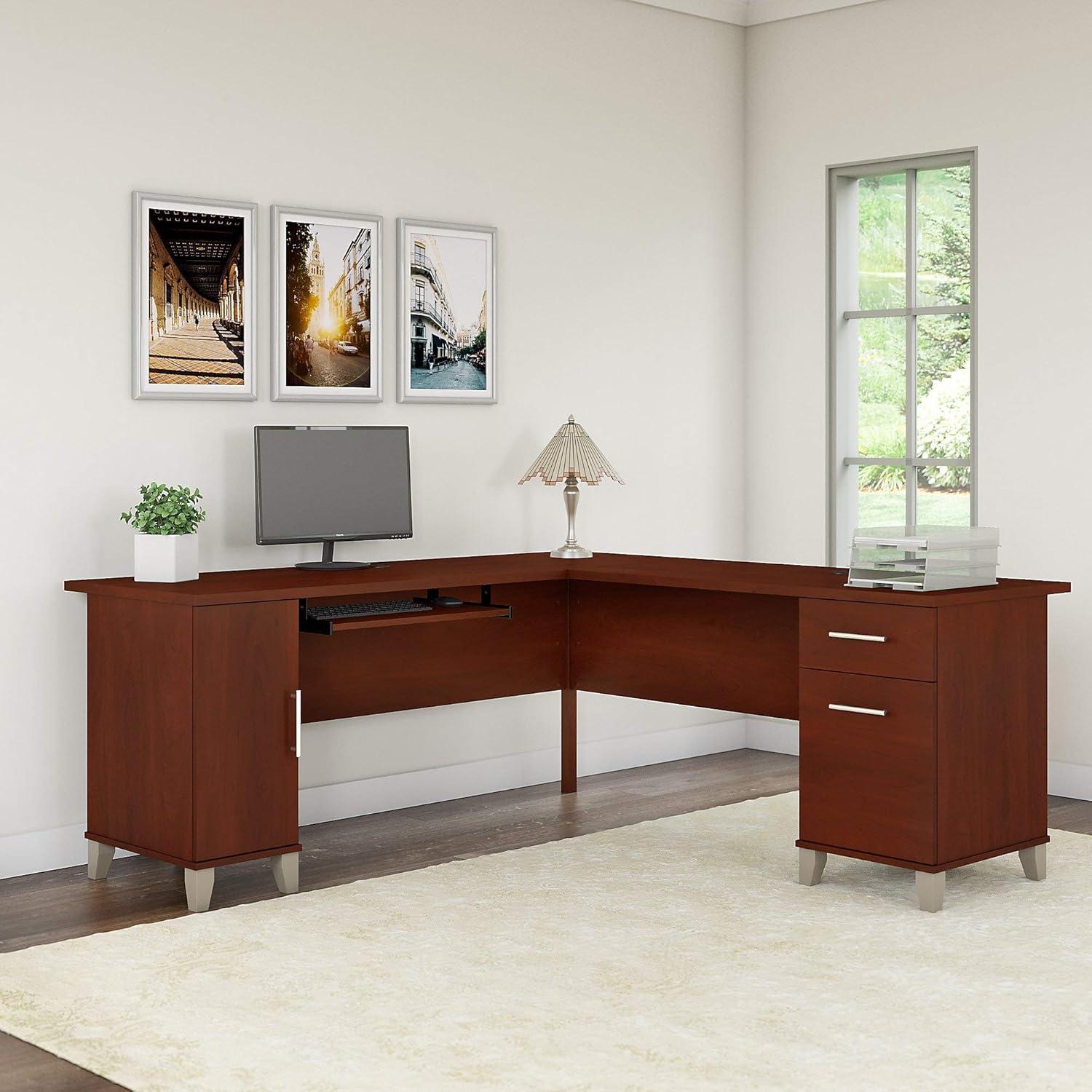 Hansen Cherry 71'' L-Shaped Wood Desk with Keyboard Tray and Filing Cabinet