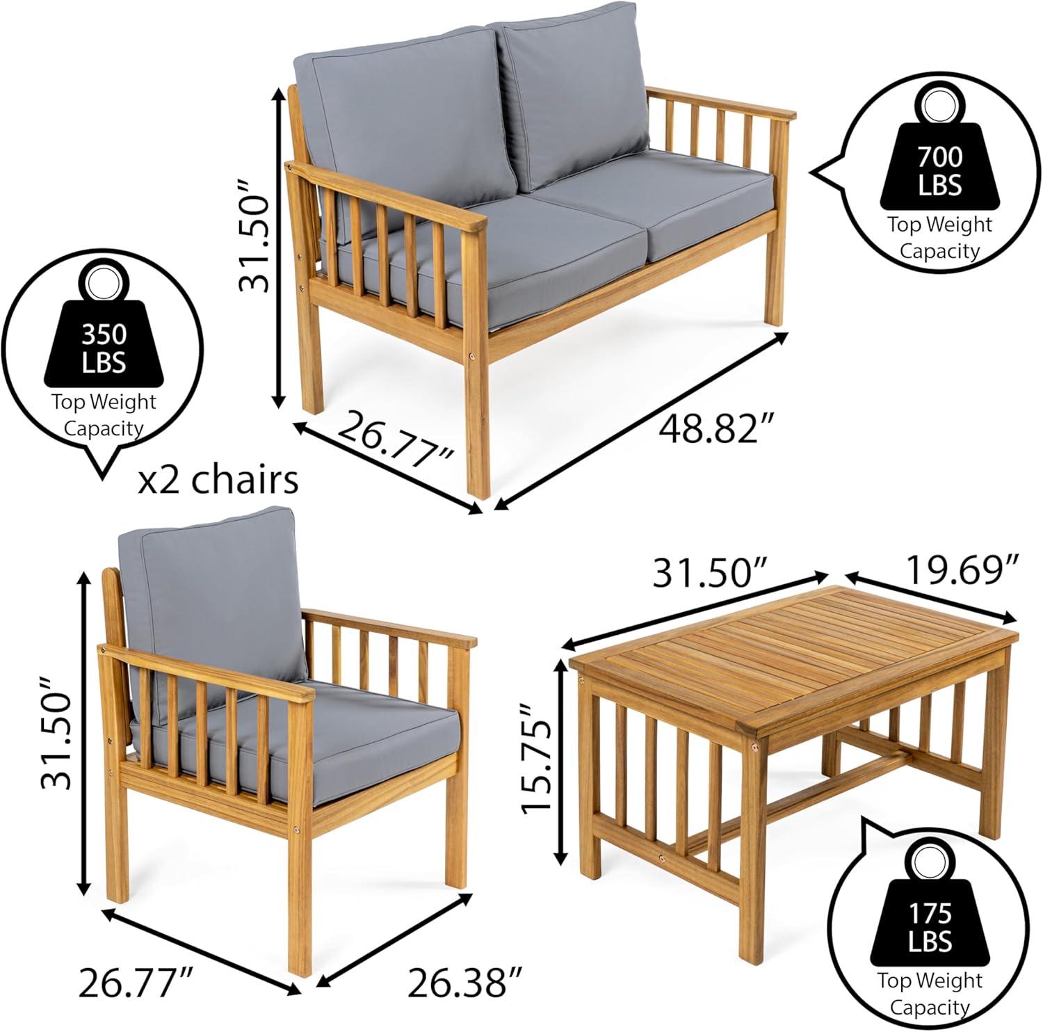 Everly 4-Piece Modern Cottage Acacia Wood Outdoor Patio Set with Cushions and Tropical Decorative Pillows - JONATHAN Y