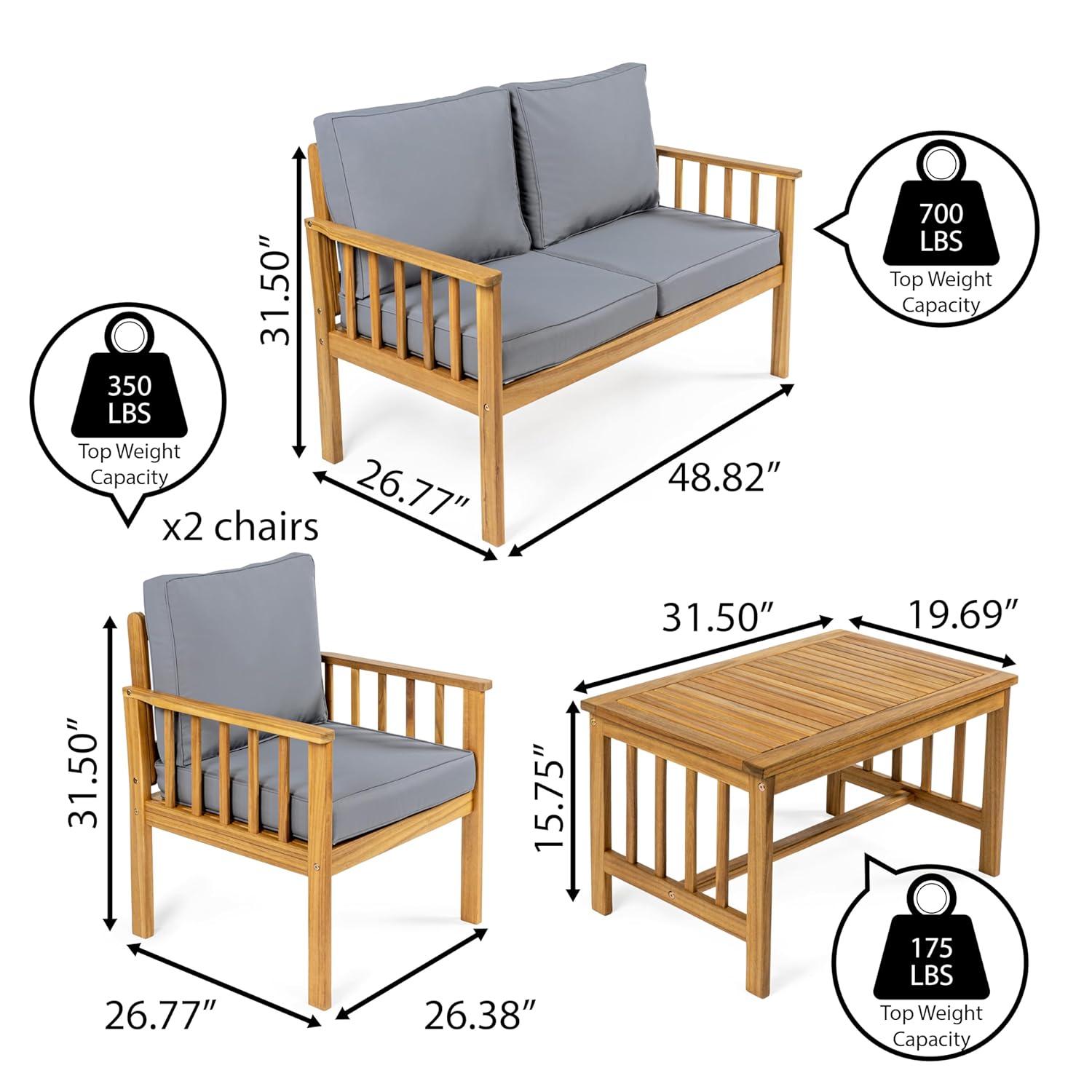 Everly 4-Piece Modern Cottage Acacia Wood Outdoor Patio Set with Cushions and Tropical Decorative Pillows, Gray/Teak Brown - JONATHAN Y