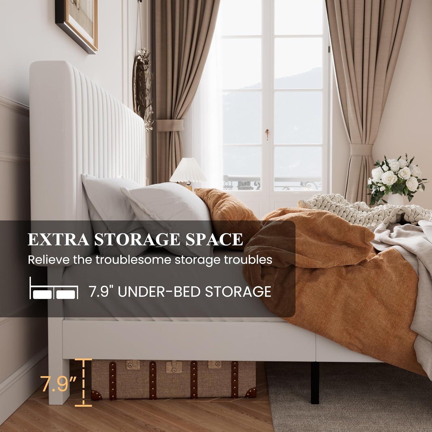 SHA CERLIN King Upholstered Platform Bed Frame with Vertical Channel Tufted Velvet Fabric Adjustable Headboard, Wooden Slats Support, Mattress Foundation, Box Spring Optional, White