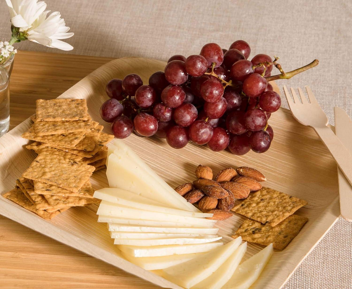 50 Disposable 8" Square Palm Leaf Plates, 50 Wood Forks, 50 Wood Knives - Party Pack of Eco-Friendly Dinnerware