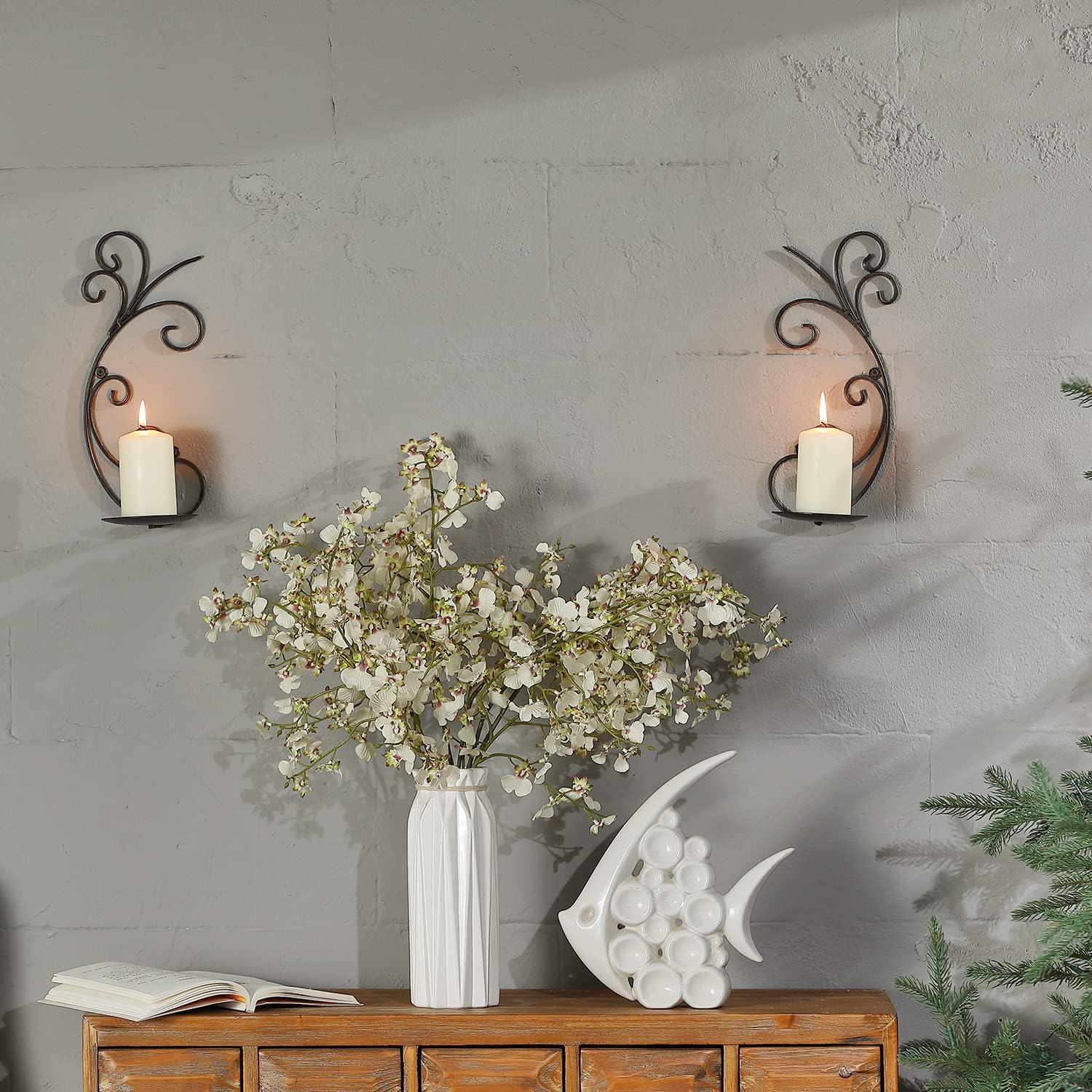 Set of 2 Rustic Bronze Metal Wall Candle Sconces