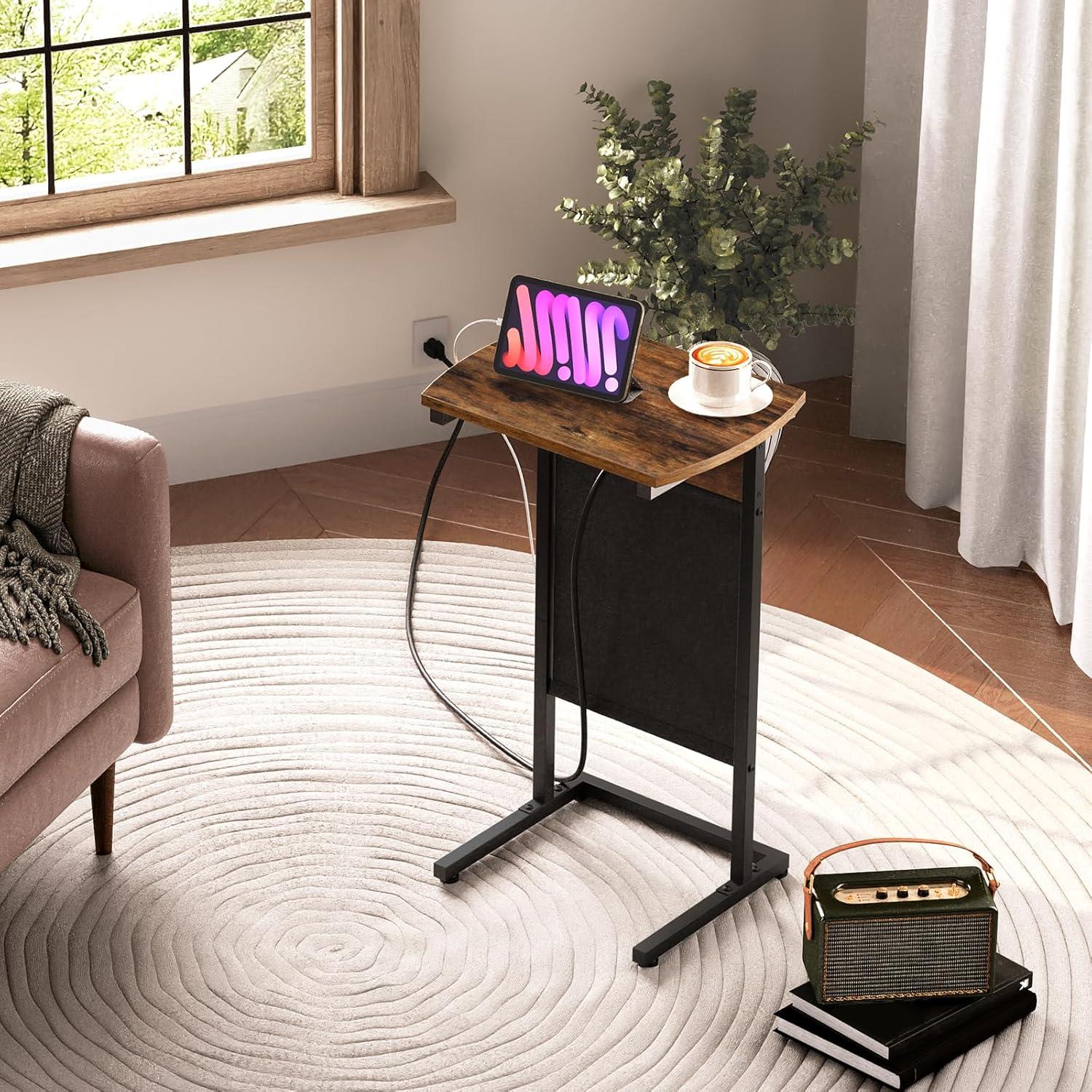 End Table Set of 2 with Charging Station and Storage Bag Side Table Living Room with USB Ports and Outlets Couch Tables That Slide Under, Small Snack Table for Small Spaces Brown