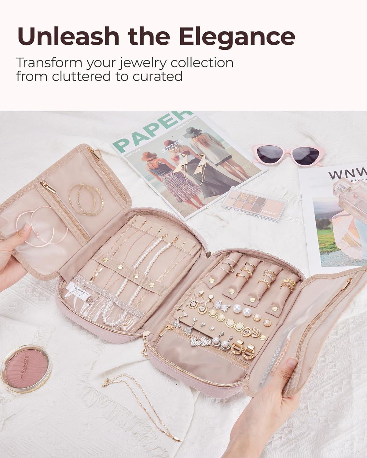 Jewelry Organizer Case Travel Jewelry Storage Bag for Necklace, Earrings, Rings, Bracelet, Soft Pink