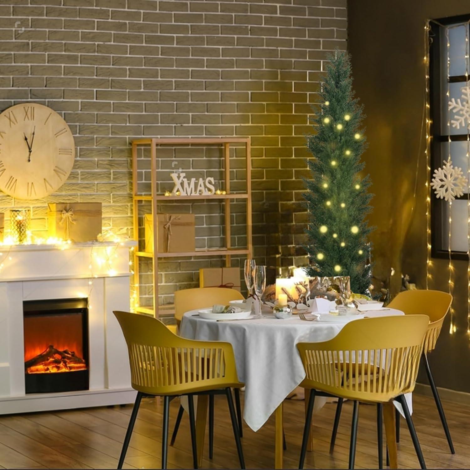 2 Pack 3ft Artificial Cedar Topiary Trees for Outdoors, Fake Cypress Plants with Solar Light String, Faux uv resistant Plants for Home Front Porch Decor, Housewarming Gift