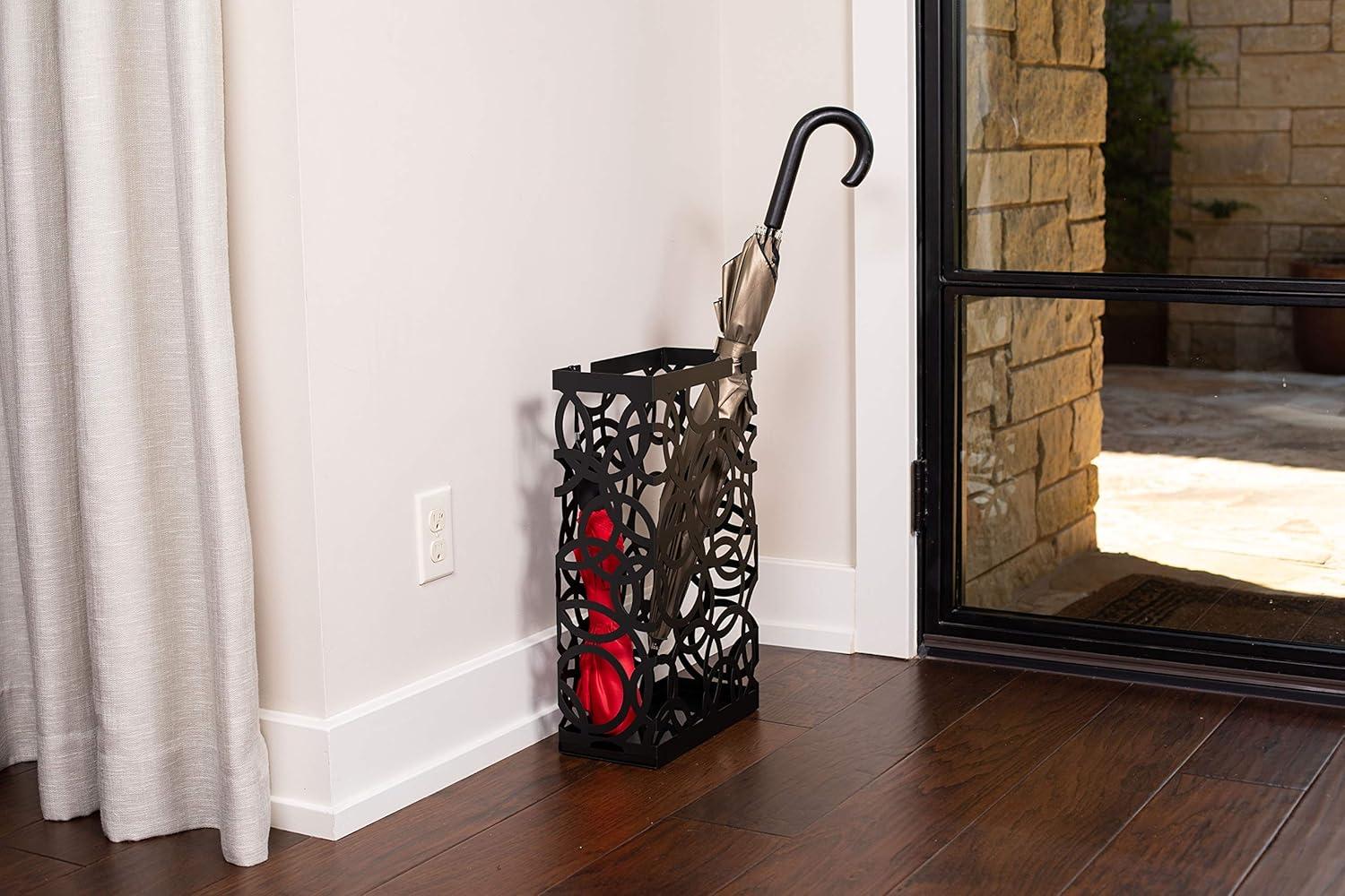 BIRDROCK HOME Decorative Umbrella Stand with Removable Water Tray - Large Metal Umbrella Rack and Cane Walking Stick Organizer for Entryway - Umbrella Holder for Indoor & Outdoor - Black, Circle