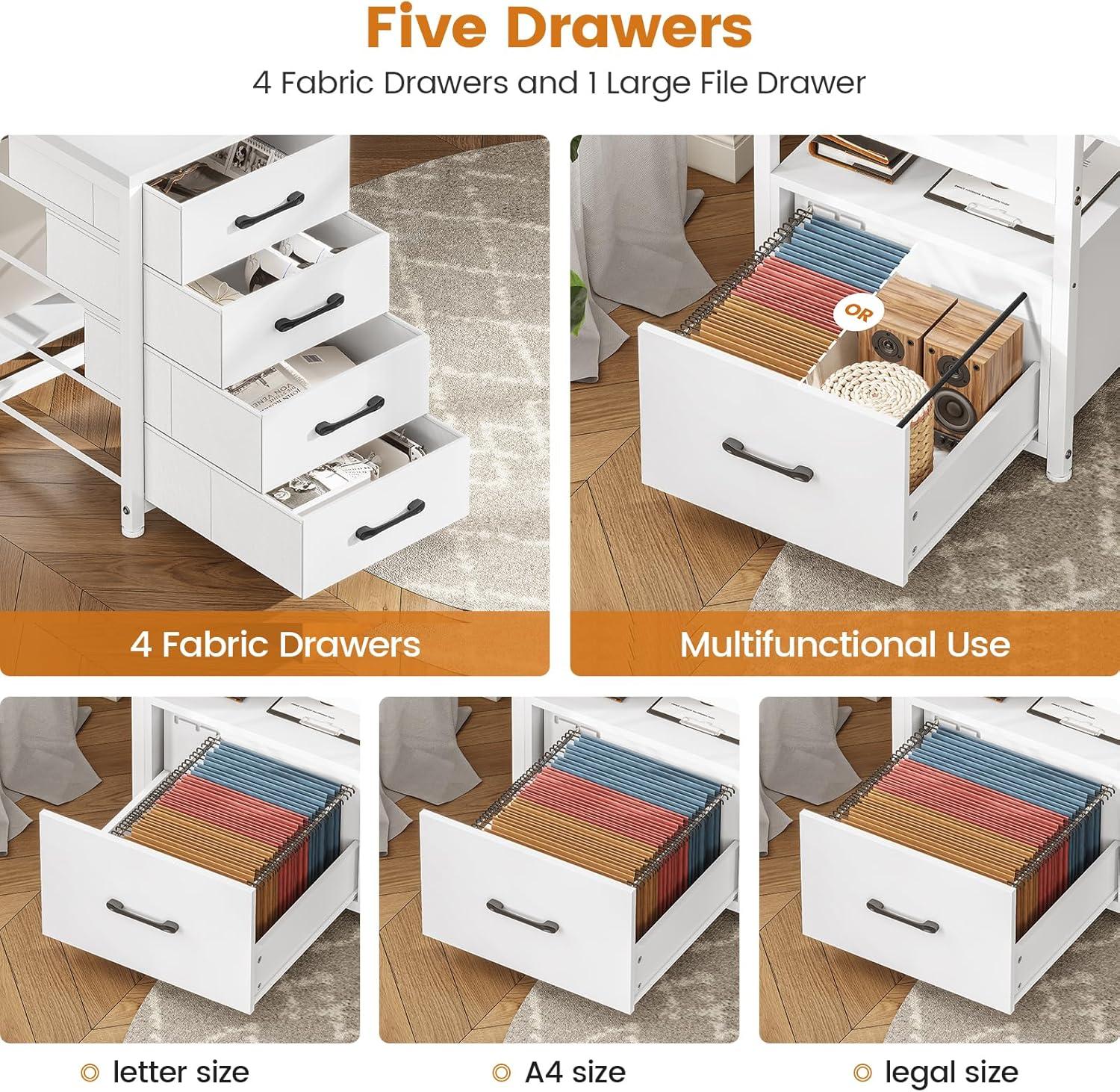 75 Inch Computer Desk with 5-Drawer Power Outlet & Led Lights, Home Office Desk with File Drawer, Storage Shelves, Printer Cabinet and Monitor Stand, Large Desktop Gaming Desk, White