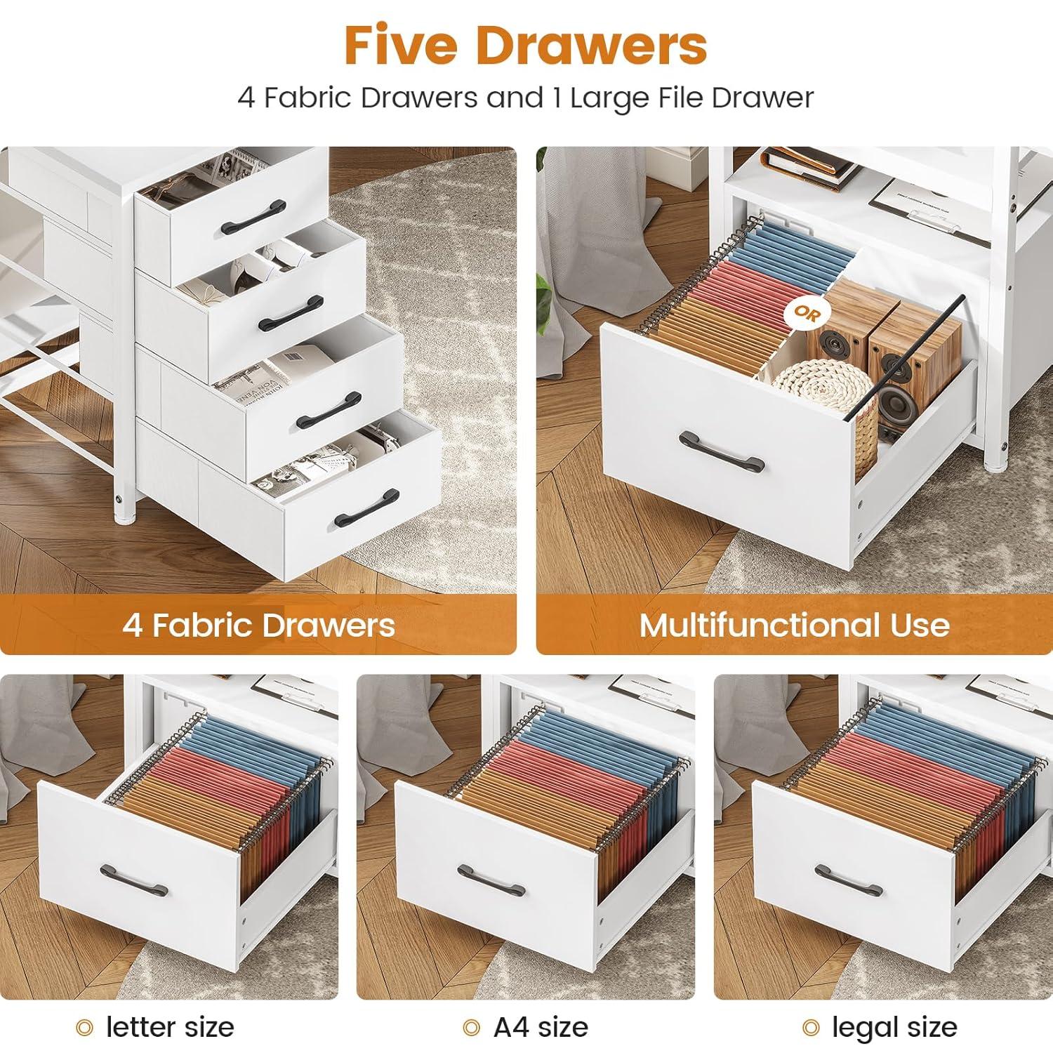 75 Inch Computer Desk with 5-Drawer Power Outlet & Led Lights, Home Office Desk with File Drawer, Storage Shelves, Printer Cabinet and Monitor Stand, Large Desktop Gaming Desk, White