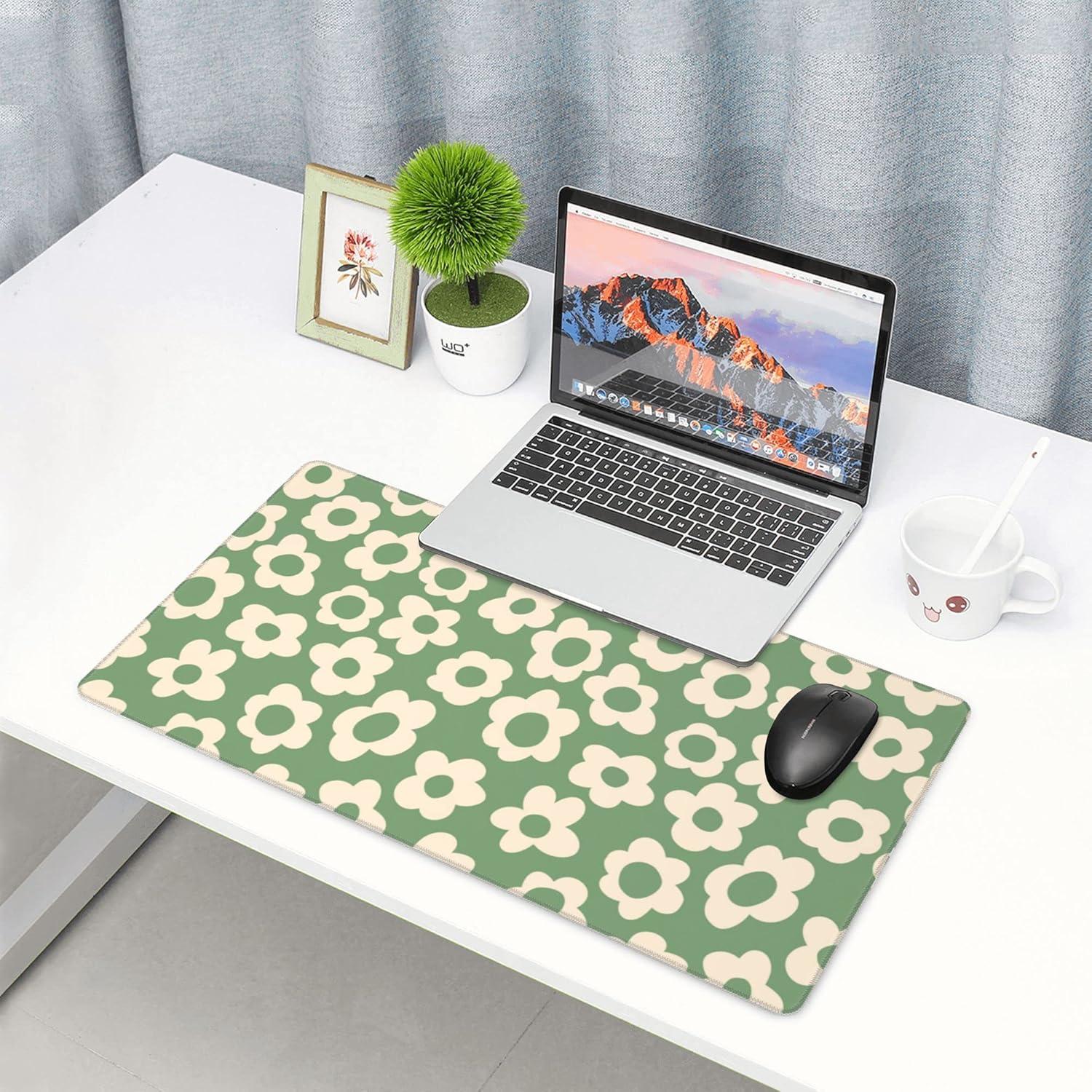 Vintage Groovy Green Flowers Gaming Mouse Pad,Extended Large Mouse Mat Desk Pad,Big Computer Keyboard Desk Pad,Stitched Edges Mousepad,3mm Thick Long Non-Slip Rubber Base Mice Pad, 31.5 X 11.8 Inch