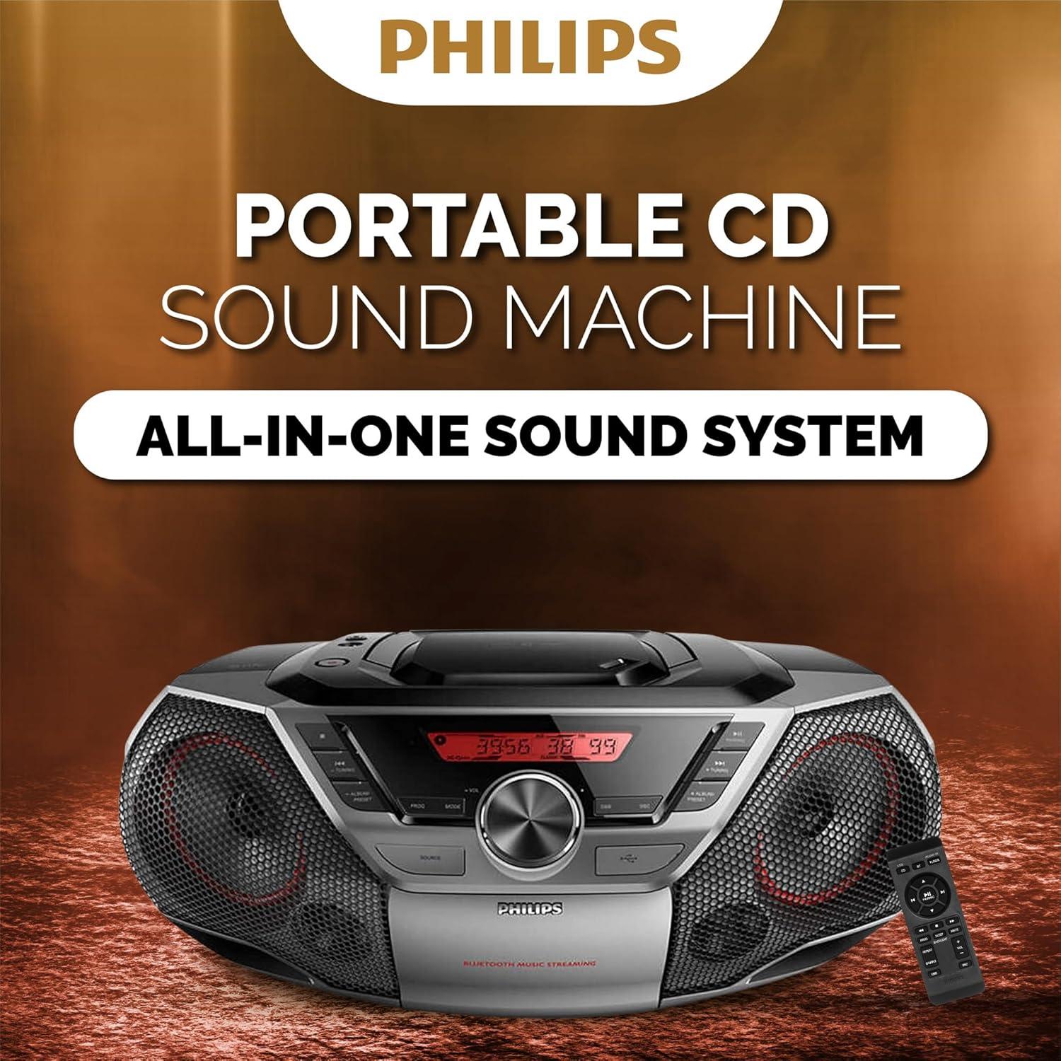 Philips Portable Boombox CD Player Bluetooth FM Radio MP3 Mega Bass Reflex Stereo Sound System with NFC, 12W, USB Input, Headphone Jack, and LCD Display