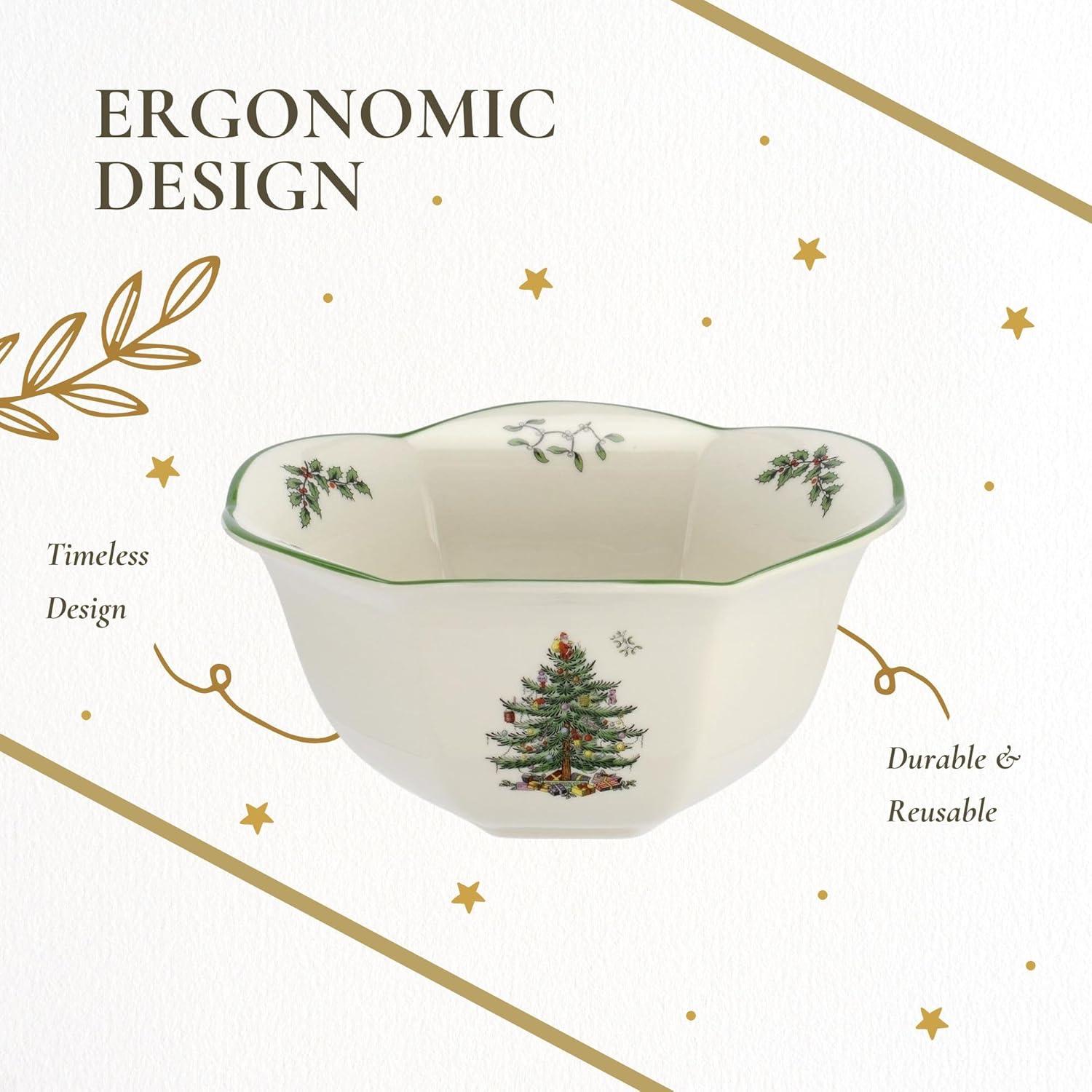 Spode Christmas Tree Hexagonal Nut Bowl, 7 Inch Decorative Bowl for Nuts, Candy and Christmas Treats