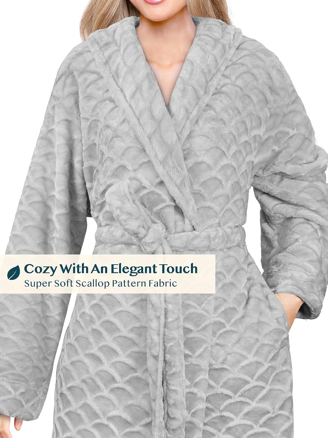 PAVILIA Short Robes for Women, Plush Soft Bathrobe Womens Lightweight, Fluffy Fuzzy Robe Knee Length, Shower Spa (Light Grey, Small-Medium)