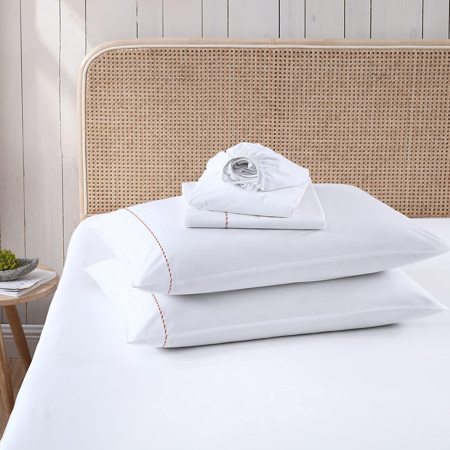 Queen White Cotton Percale Sheet Set with Orange Embroidery