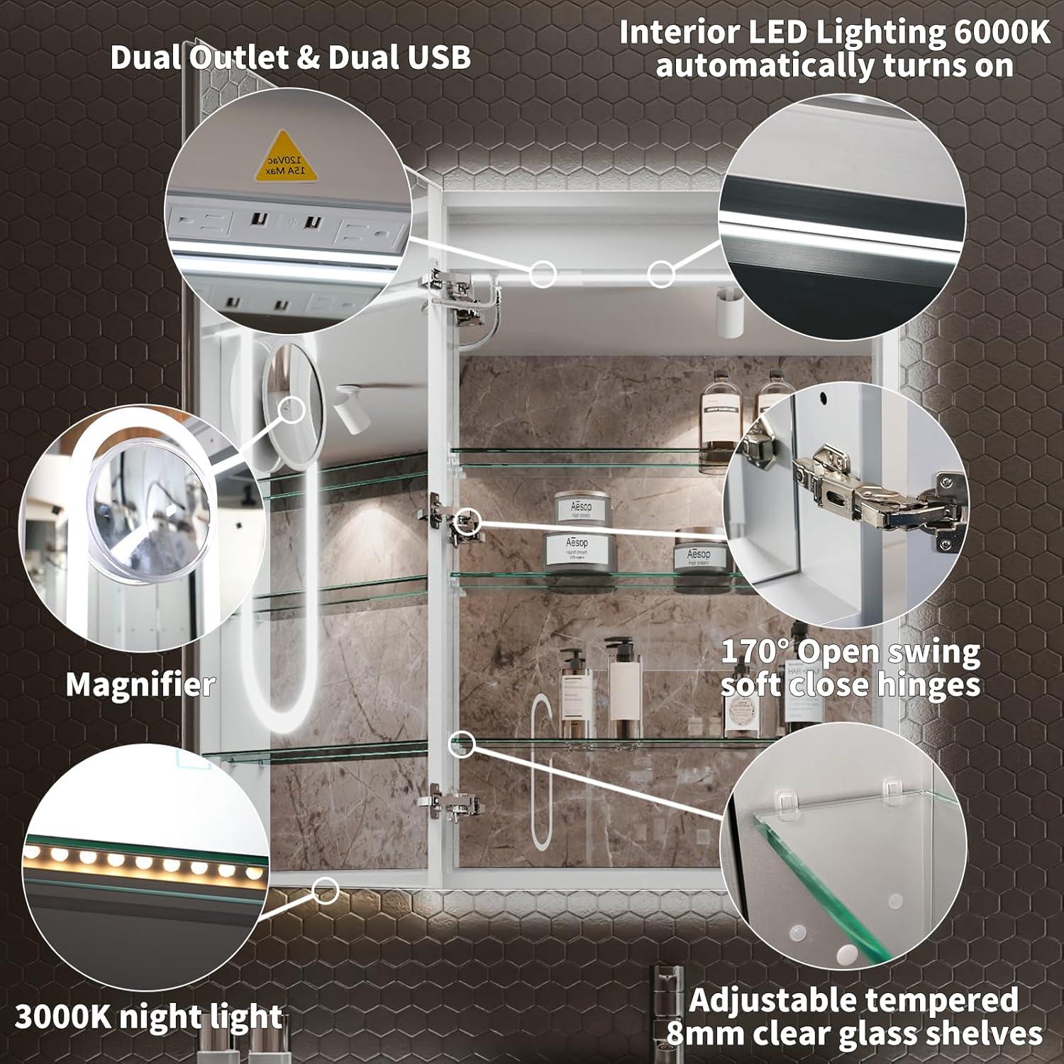 MEDUNJESS MEDUNJESS 72''x36'' Surface or Recessed Mount LED Medicine Cabinet with Mirror and Defogger 3 doors Medicine Cabinet