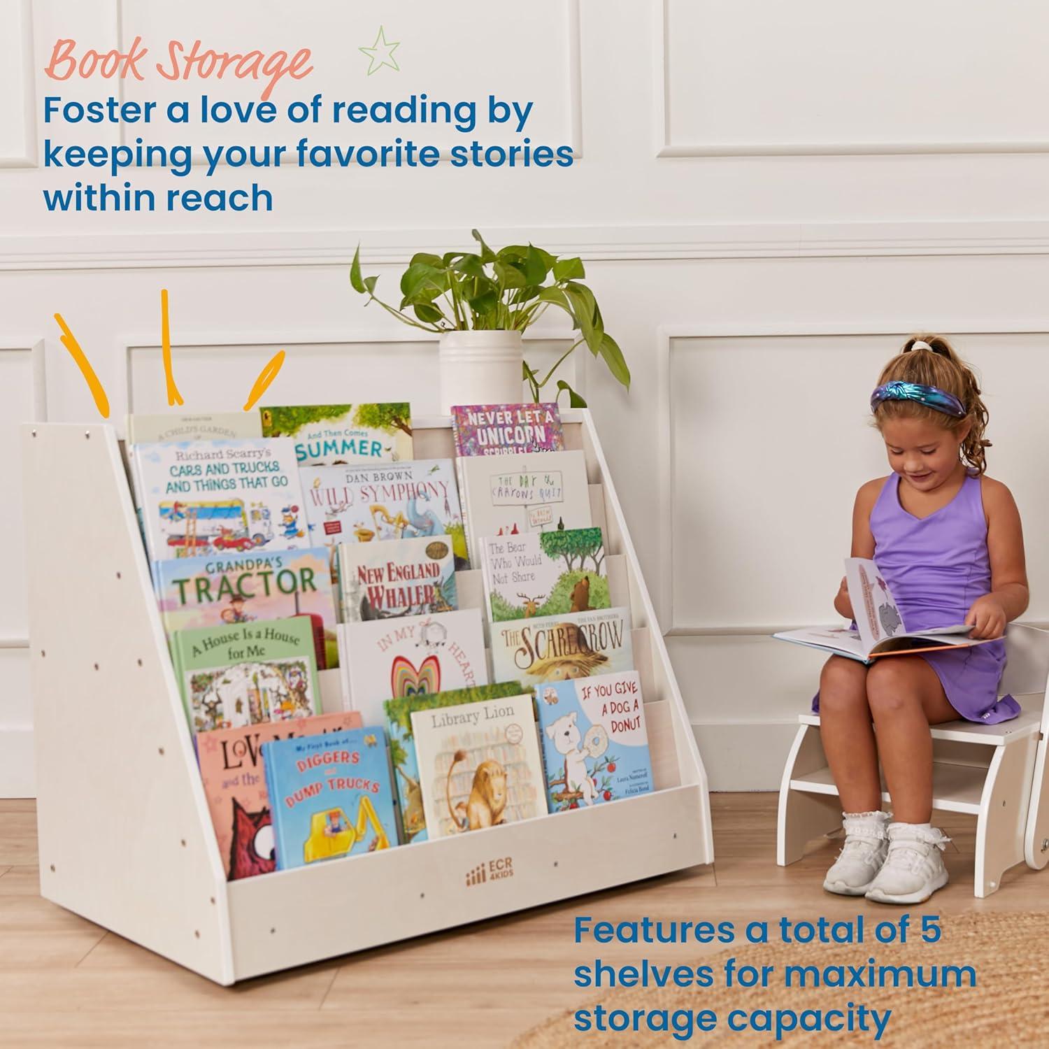 ECR4Kids Double-Sided Mobile Book Display with Storage, White Wash