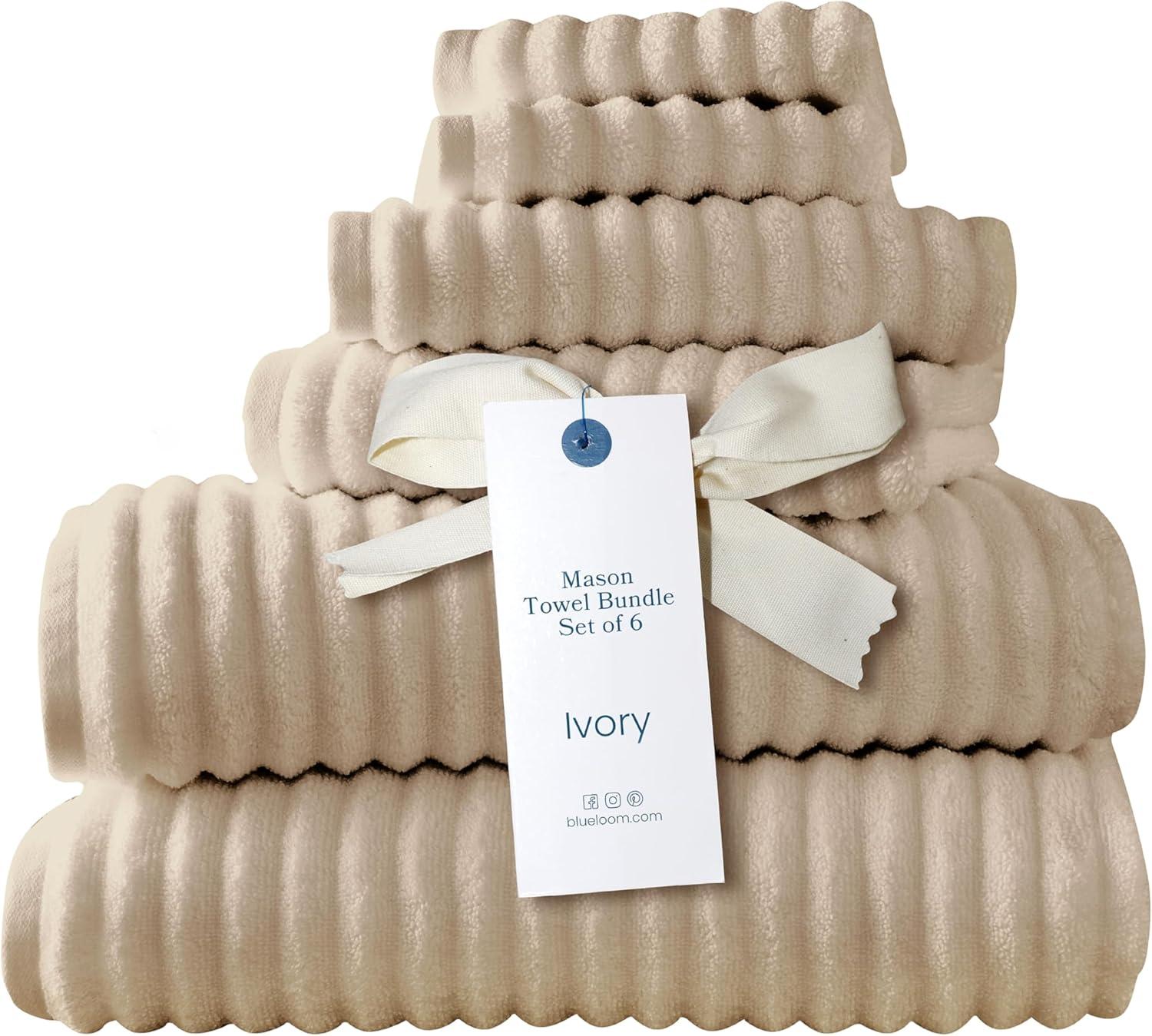6pc Mason Low Twist Ribbed Towel Set Ivory - Blue Loom: 100% Cotton, Machine Washable, Heavyweight Bath Ensemble