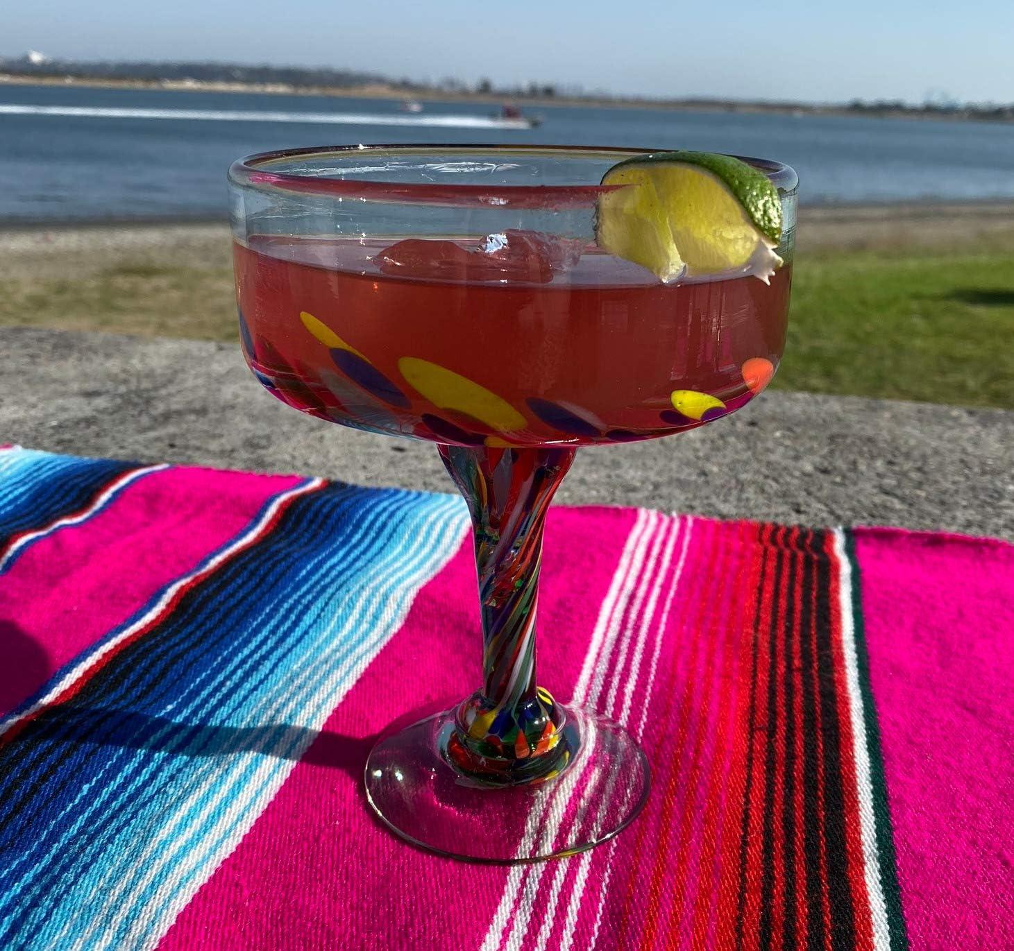 Dos Sueños Mexican Hand Blown Margarita Glasses - Confetti Carmen Design - 16oz - Set of 4