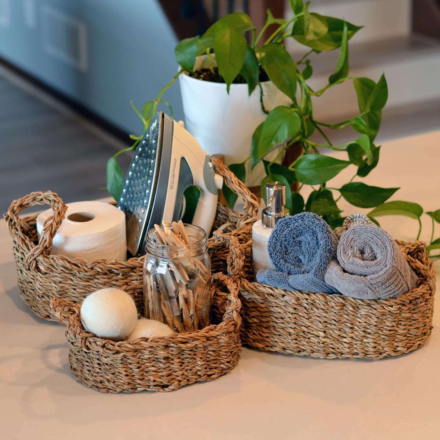 Seagrass Baskets, Set of 3, Thick Chunky Sweater Weave, Decorative Vanity Organizers, Closet Storage Bins, Oval, 13.75, 11.75, and 9.5 Inches