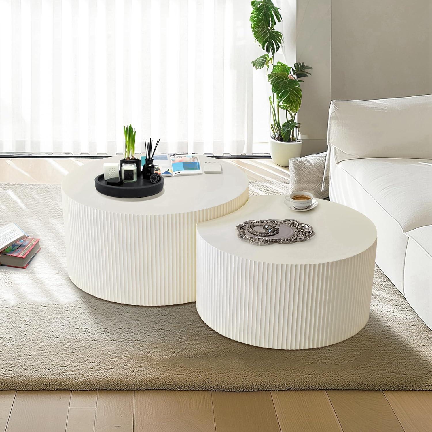 Nesting Coffee Table Set of 2, Vertical Stripe Design Drum Coffee Table, End Table, Round Side Table for Living Room, Bedroom, Beige
