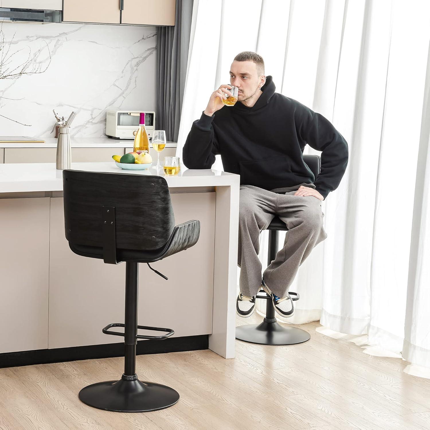 Set of 2 Leatherette Adjustable Height Swivel Bar Stools Black Metal Base Black - Glitzhome