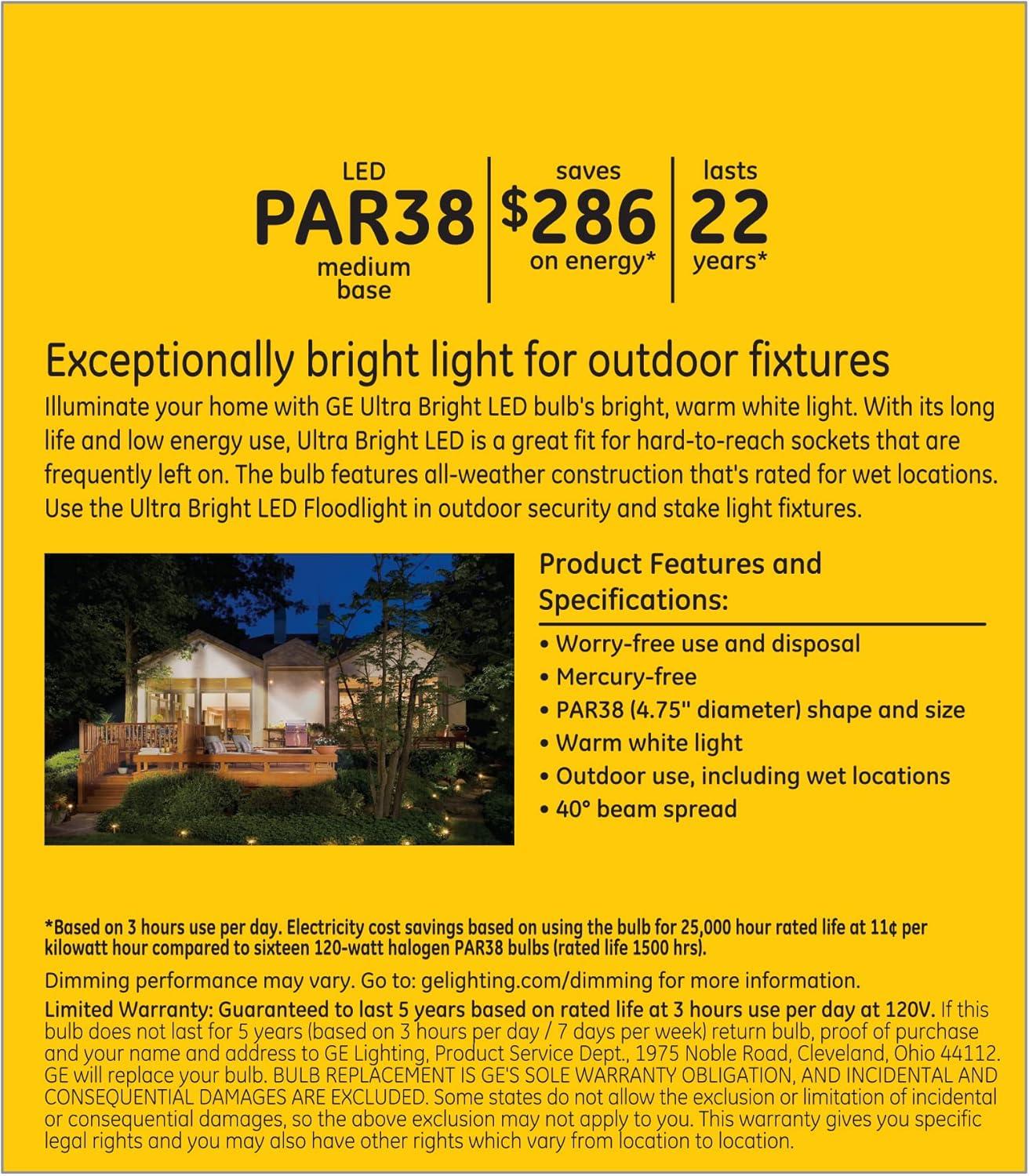 GE Ultra Bright LED Floodlight Bulb, 120 Watt Eqv, Warm White, PAR38 Outdoor Bulb, 13 year
