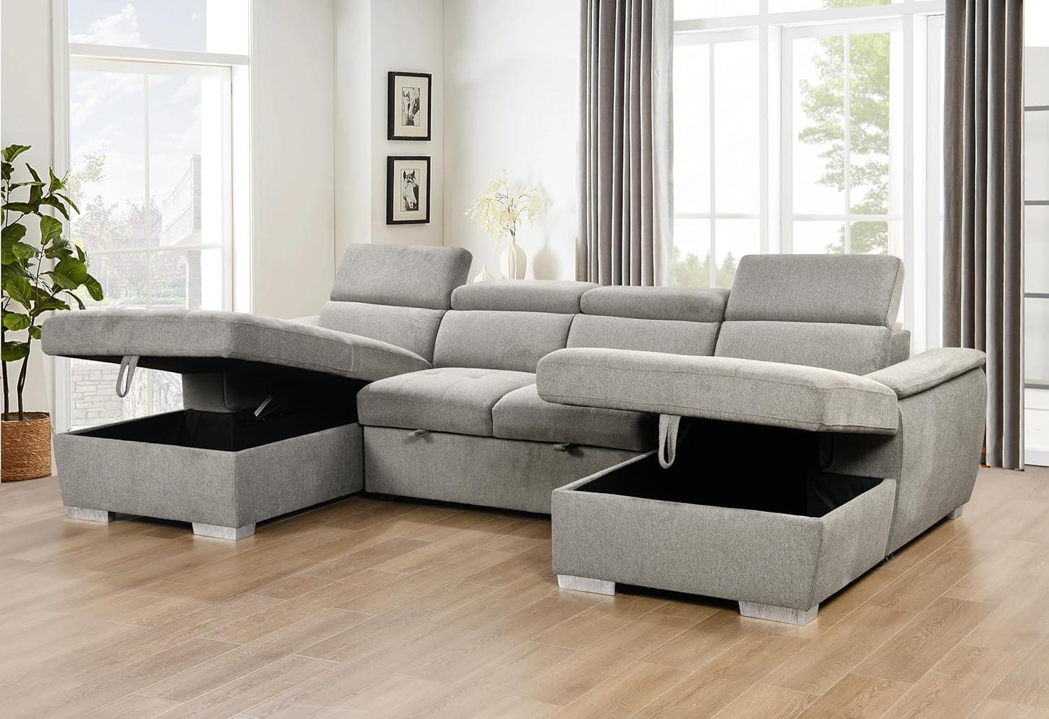 Light Gray Fabric Sectional Sofa with Storage and Ottoman