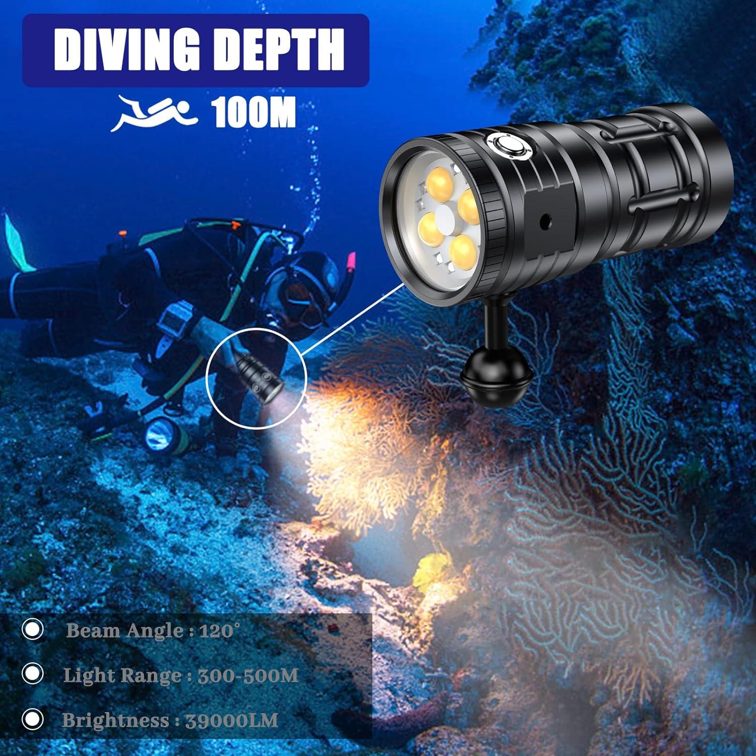 Black Aluminum 100M Waterproof LED Diving Flashlight with Type-C Charging