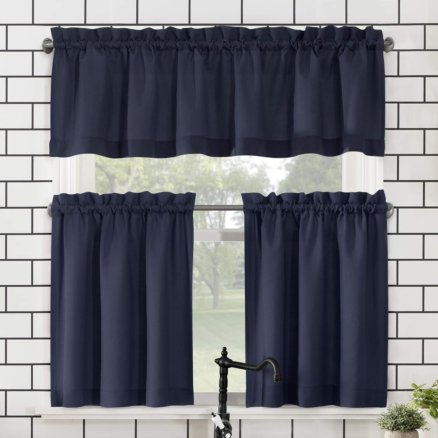 Navy Blue Sheer Polyester Rod Pocket Kitchen Curtain Set