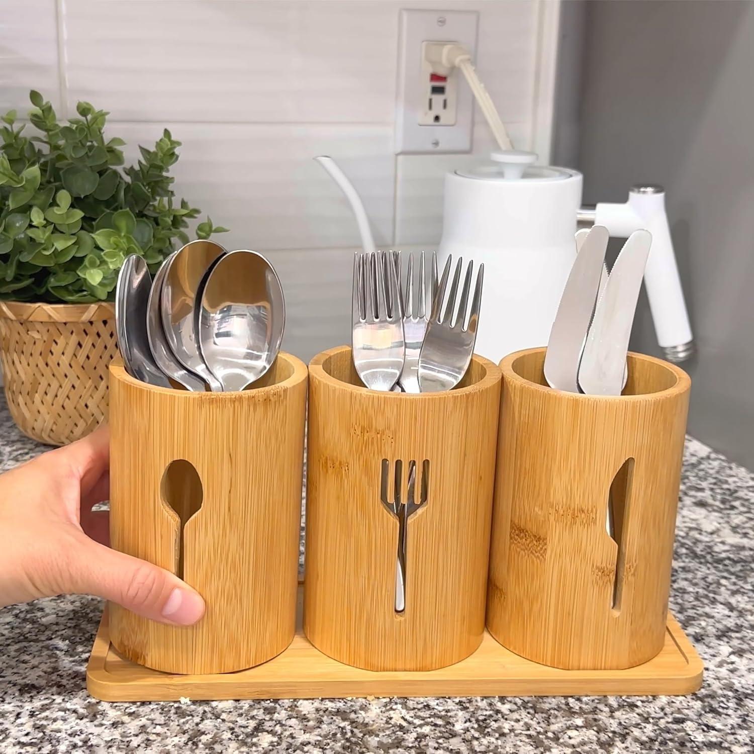 Bamboo Polished Utensil Caddy with Tray