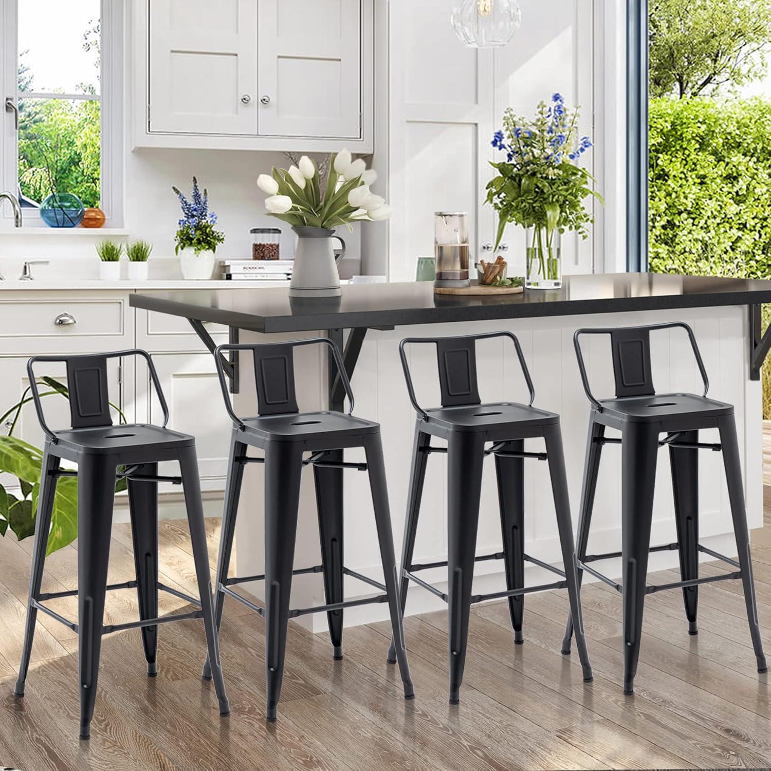 Andeworld 24" Bar Stools Set of 4,Counter Height Bar Stools with Larger Seat,Bar Stools with Back,Black Metal Bar Stools with Removable Back,Farmhouse Bar Stools,High Back Kitchen Bar Stools Chair