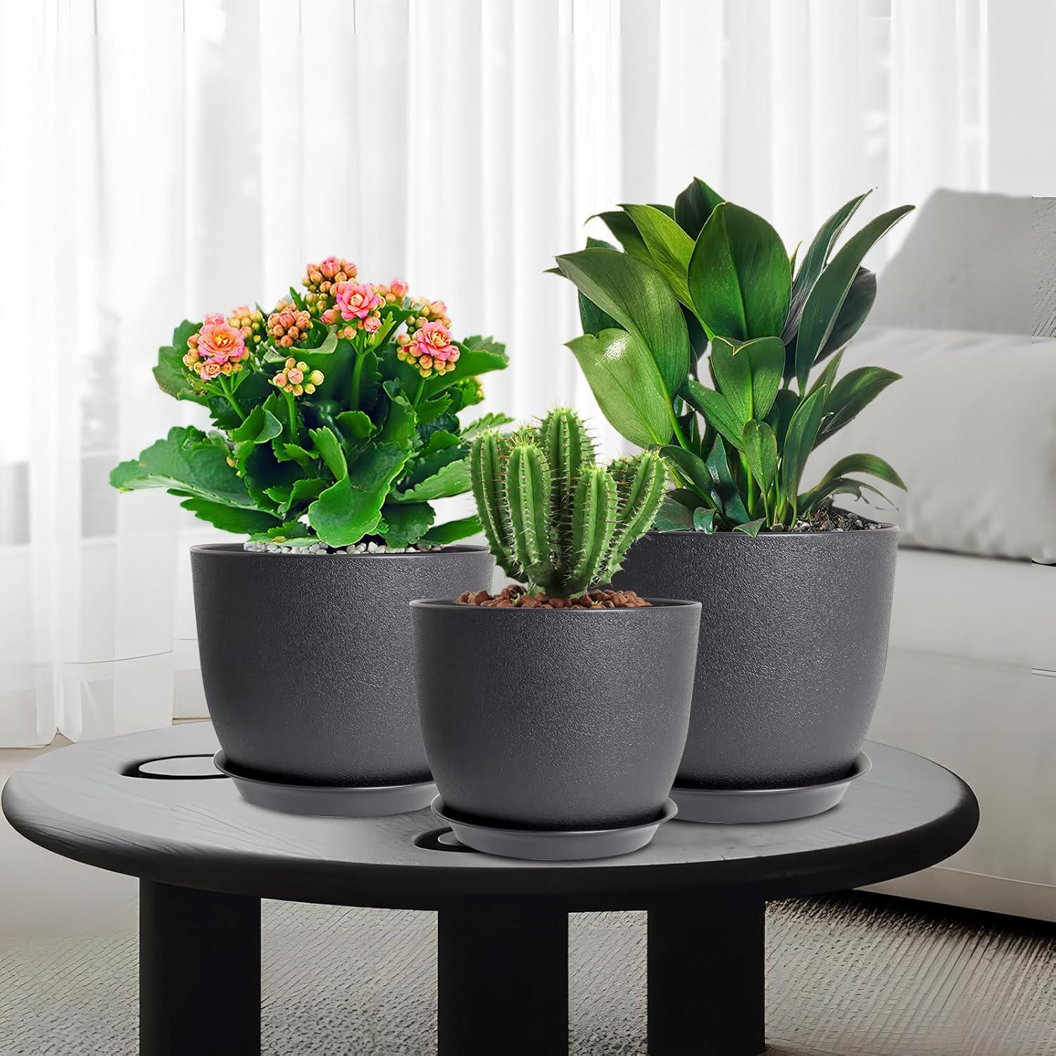 Gardrium Plant Flower Pots 10/9/8 inch Set of 3, Plastic Planters with Drainage Hole for Indoor Outdoor Garden, Black C9