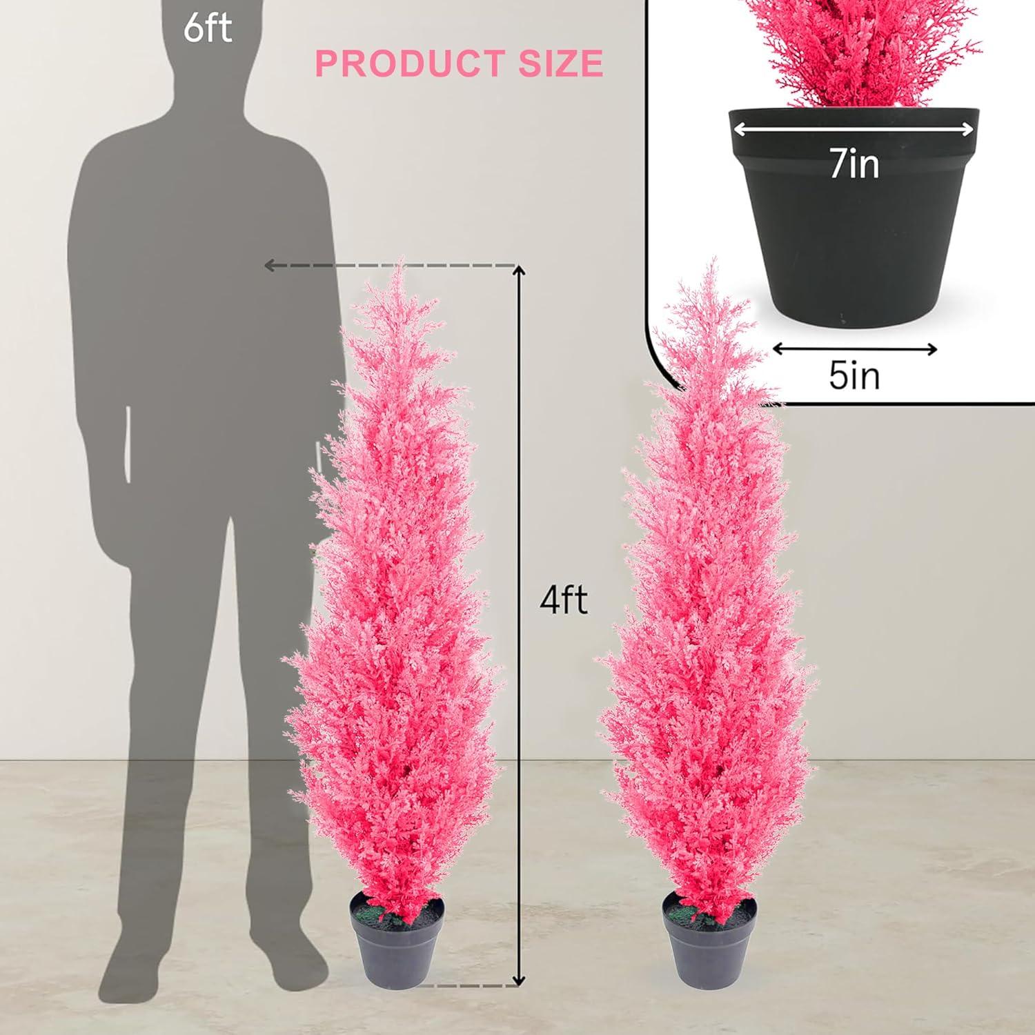 LINBONIO 4 ft Pink Artificial Cedar Tree UV Protection Faux Cedar Pines Outdoor Garden Office Store Front Porch Decoration 2 Pack