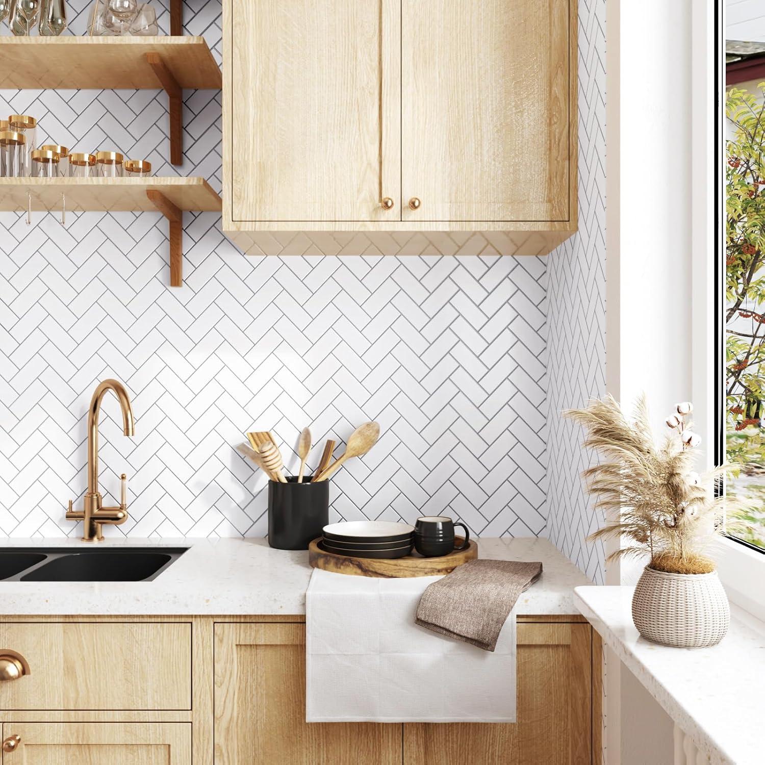 Clever Mosaics Thicker Upgrade White Vinyl Peel and Stick Herringbone Tile Backsplash 12" x 12" (set of 10)