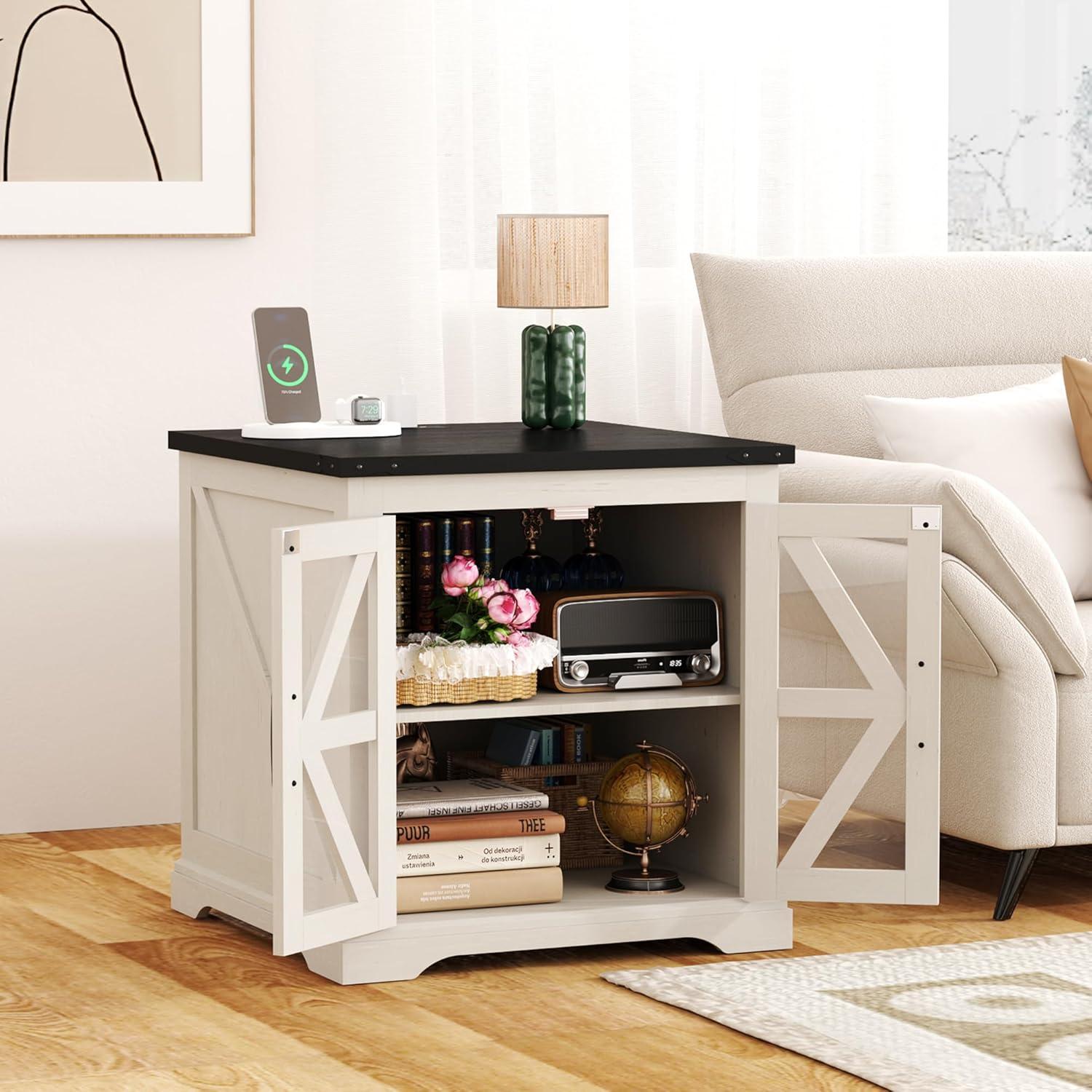 Antique White Farmhouse End Table with Charging Station and Storage