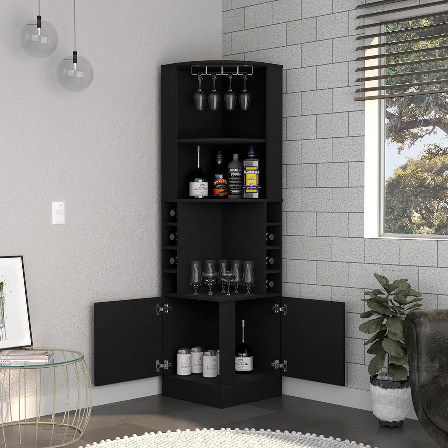 Cairo Black Corner Bar Cabinet with Glass Rack and Wine Cubbies