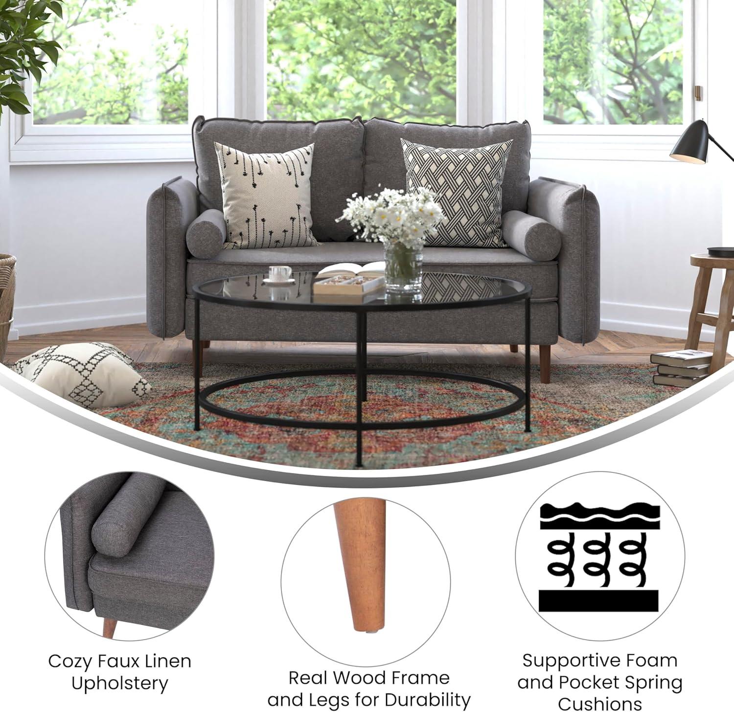 Flash Furniture Evie Mid-Century Modern Loveseat Sofa with Faux Linen Fabric Upholstery & Solid Wood Legs in Stone Gray