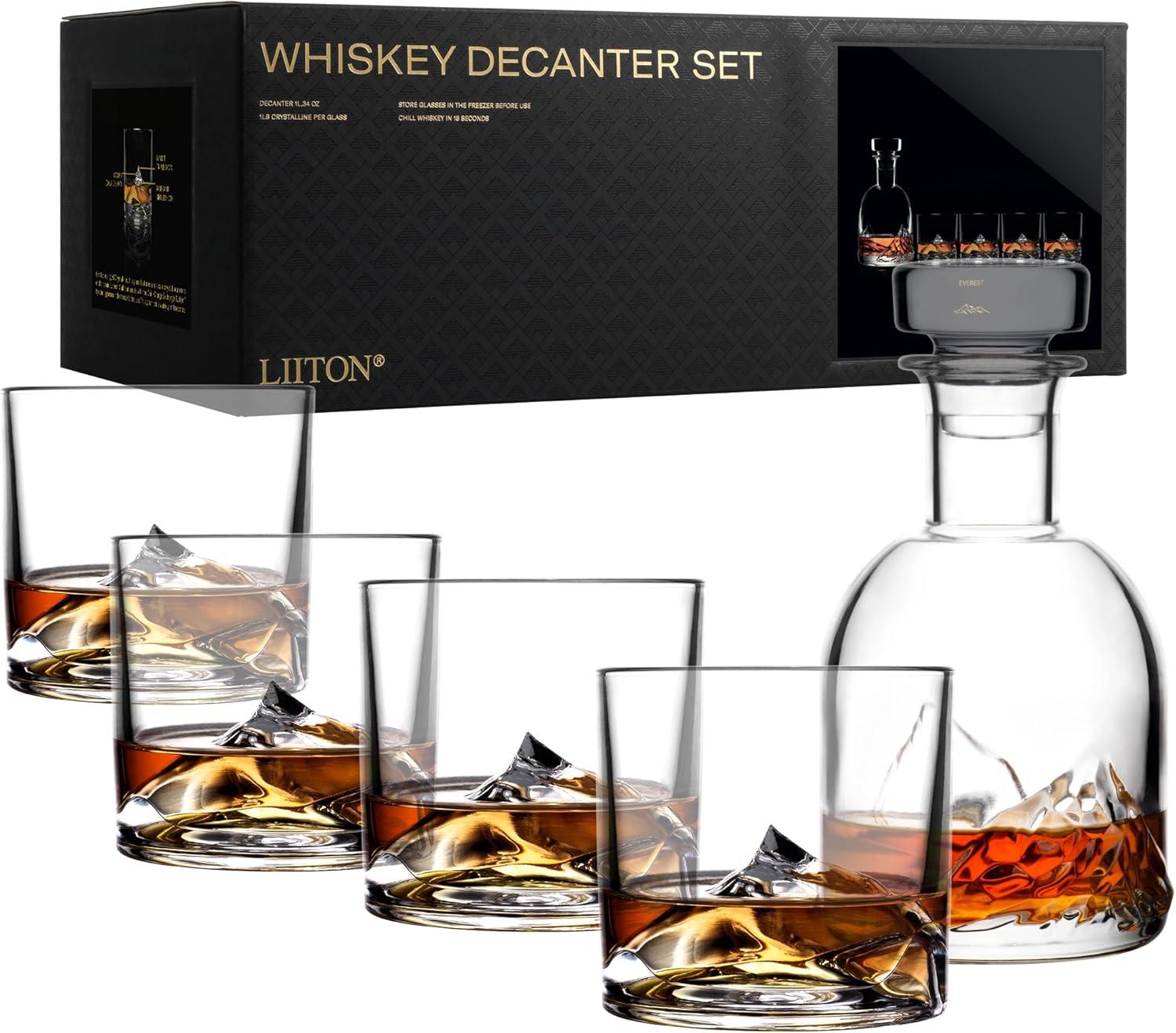 Mount Everest Crystal Whiskey Decanter Set with 4 Glasses