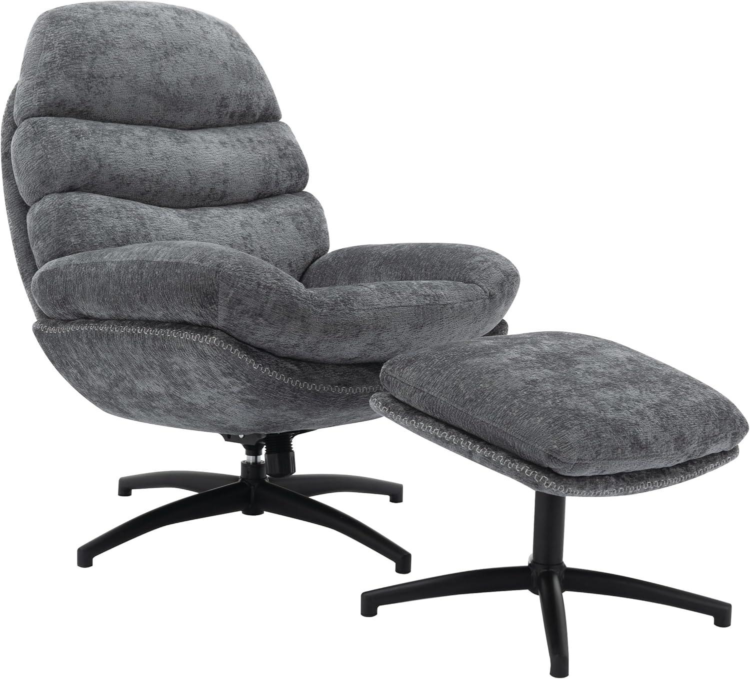 Kerry Swivel Lounge Chair & Footrest in Gray Fabric and Black Base