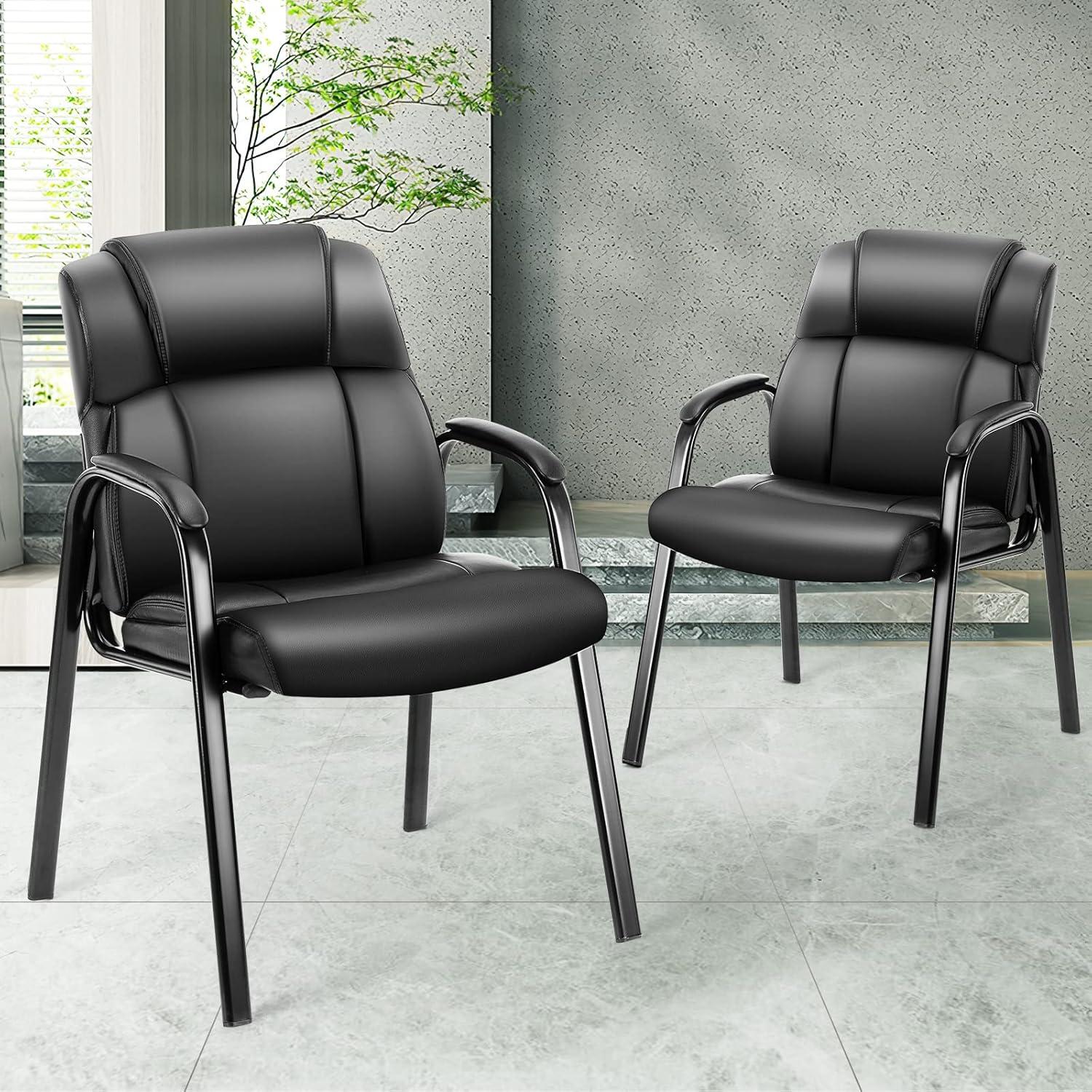 Black Leather and Metal Reception Chairs with Padded Arms, 4 Pack