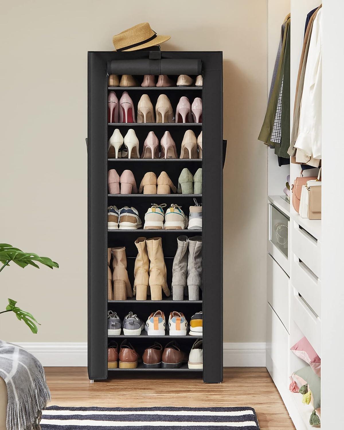 Black 9-Tier Fabric and Metal Shoe Rack with Cover