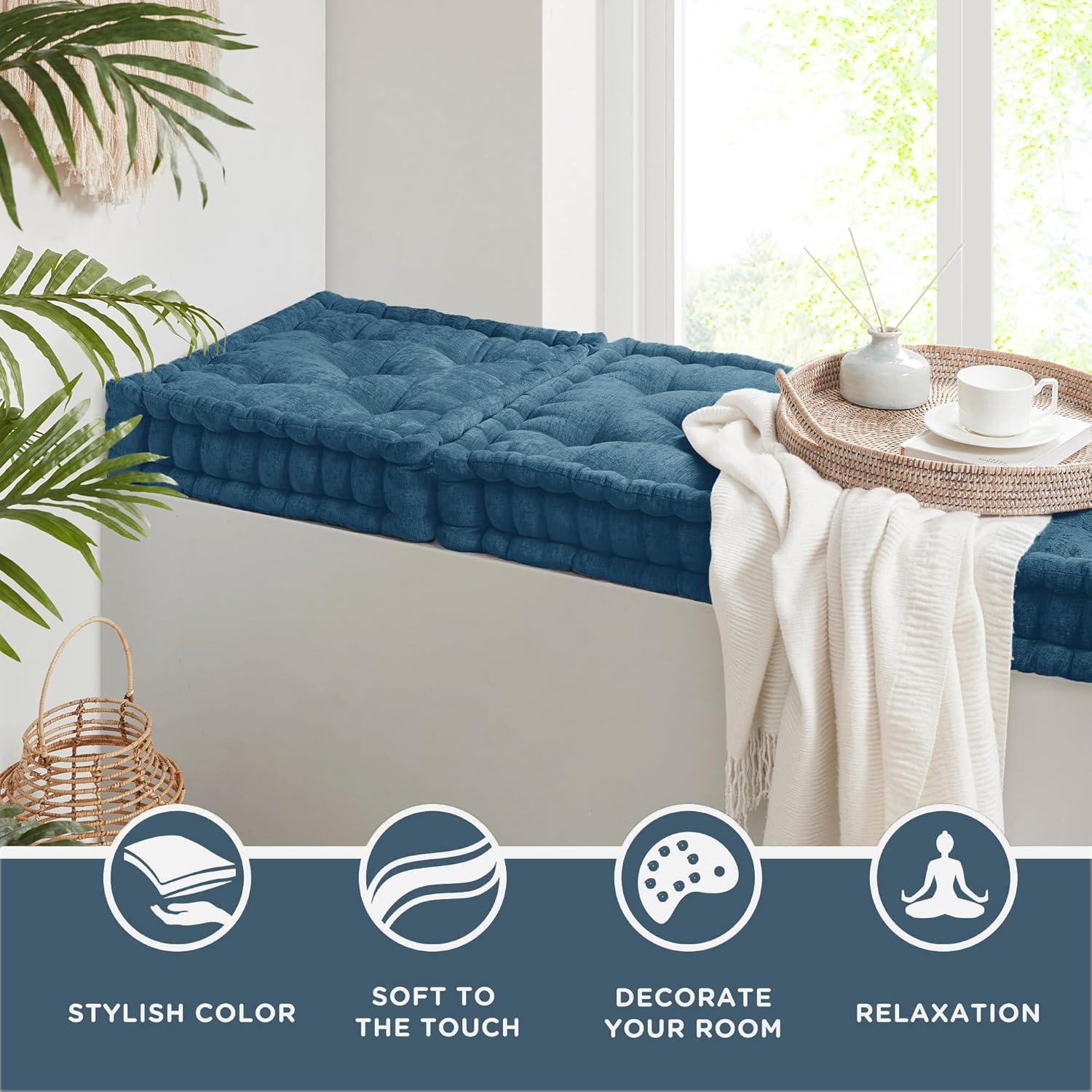 Codi INNA Floor Cushions for Adults, Cute Pillows Seating for Meditation, Square Tufted Chenille Cushion, Living Room, Fireplace, Reading Nook, Navy