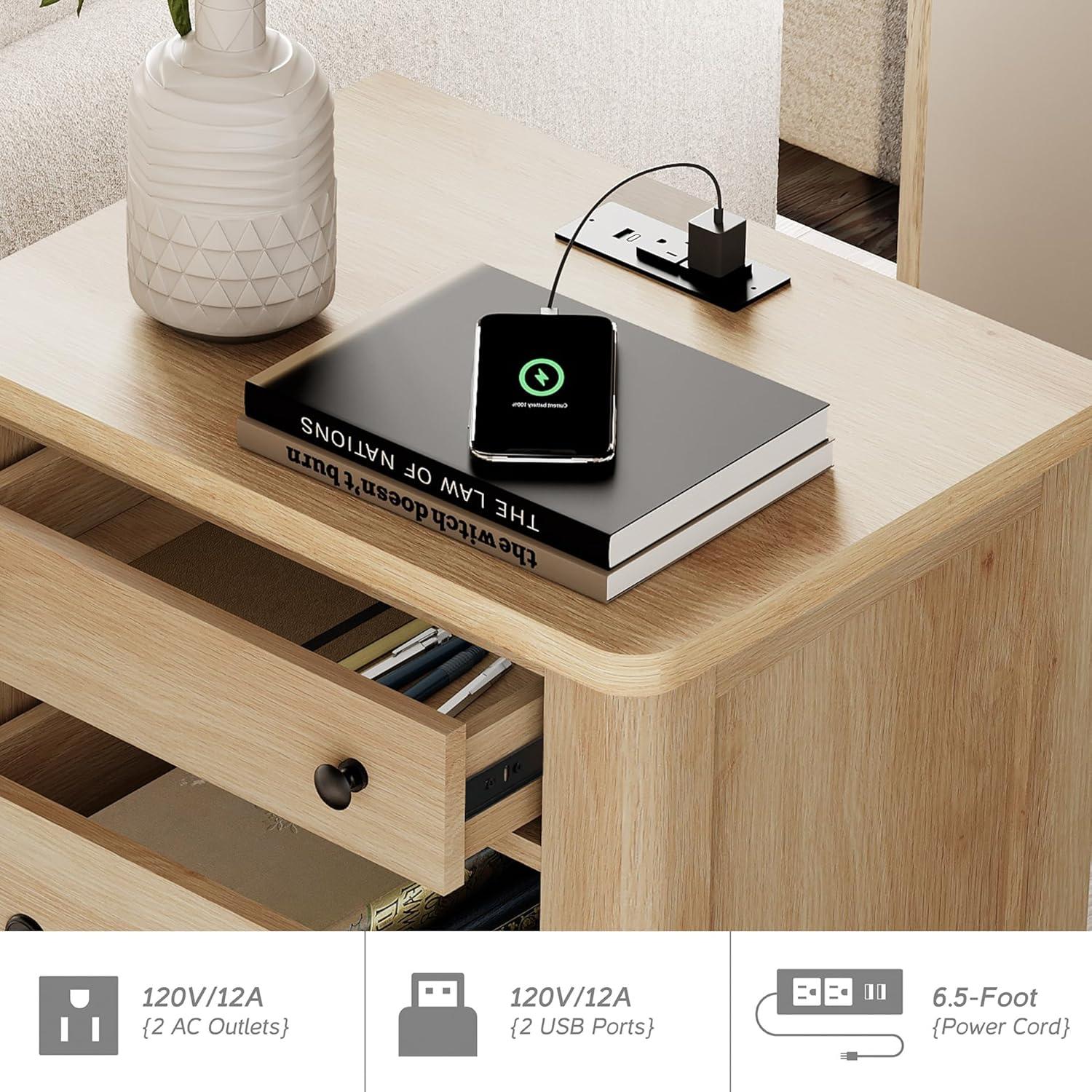 WAMPAT 3 Piece Dresser and Nightstand Sets, Farmhouse Dresser & Chest of Drawers with 6 Drawers & Metal Handle, Set of 2 Nightstands End Table with Charging Staion, 3 Piece Bedroom Set, Oak