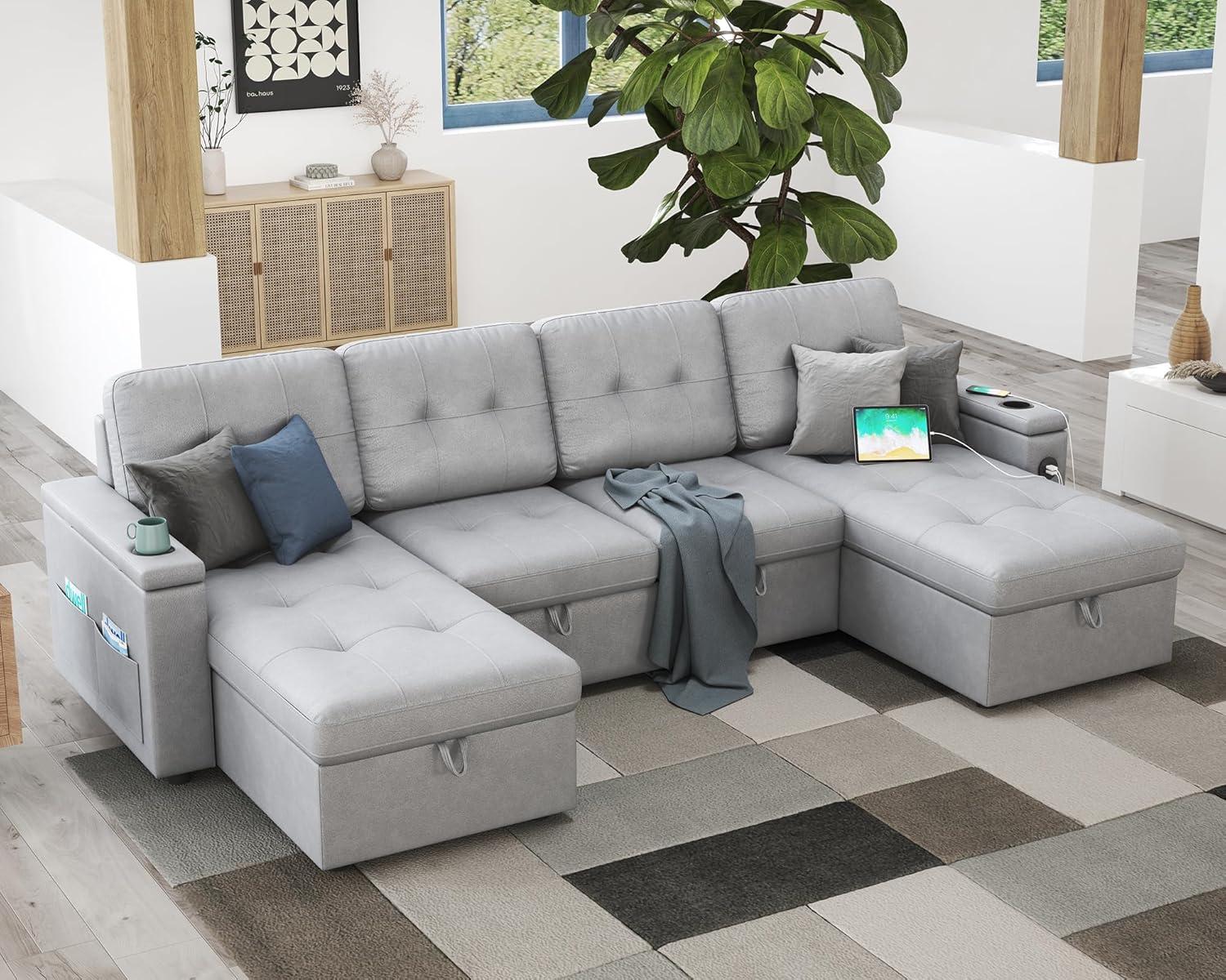 Latitude Run® Pull Out Sofa Bed With 2 USB Ports & Cup Holders, U Shaped Sleeper Sofa Bed With Dual Storage Chaise- Drak Gray