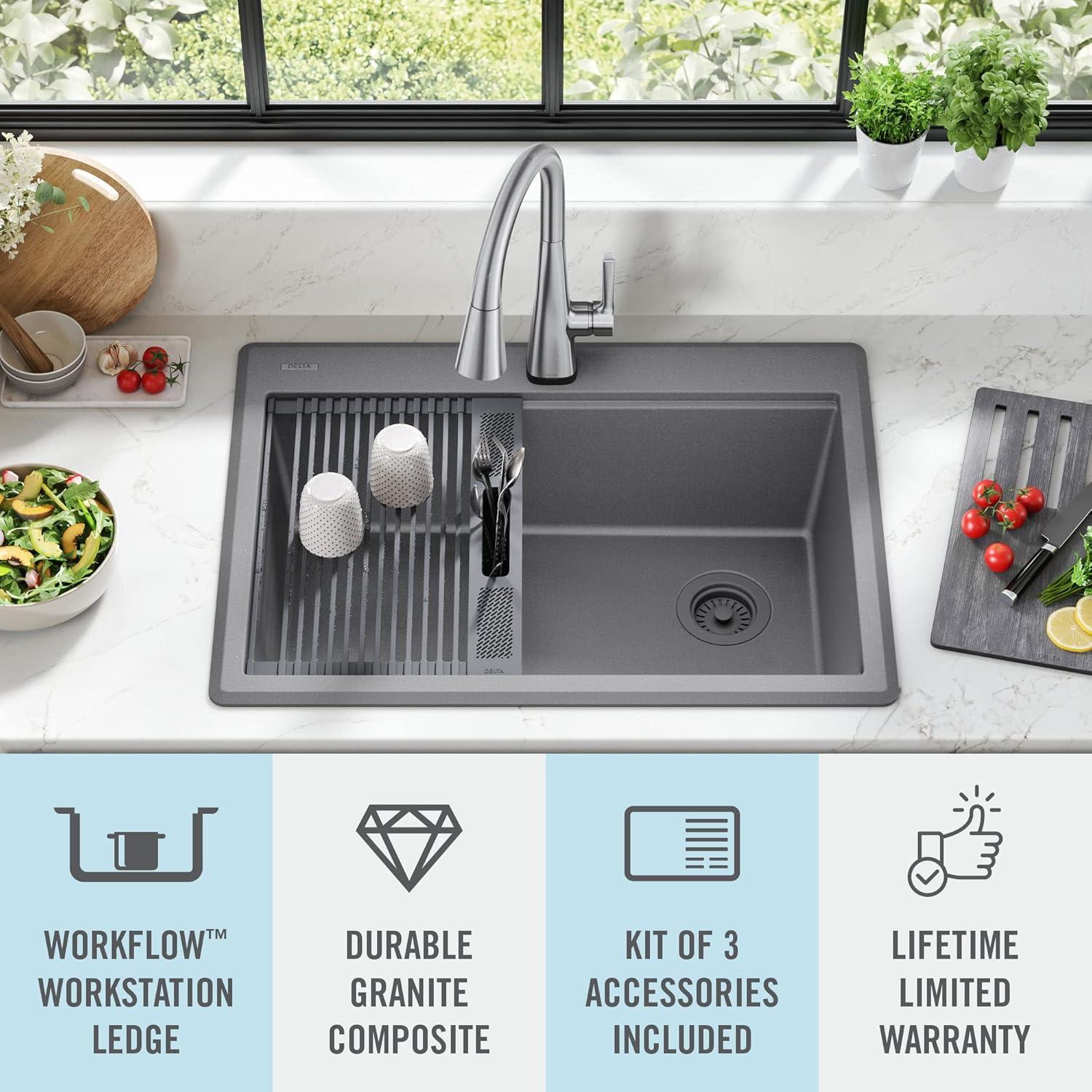 DELTA Everest™ 30" L Granite Composite Workstation Kitchen Sink Drop-In Top Mount Single Bowl with WorkFlow™ Ledge