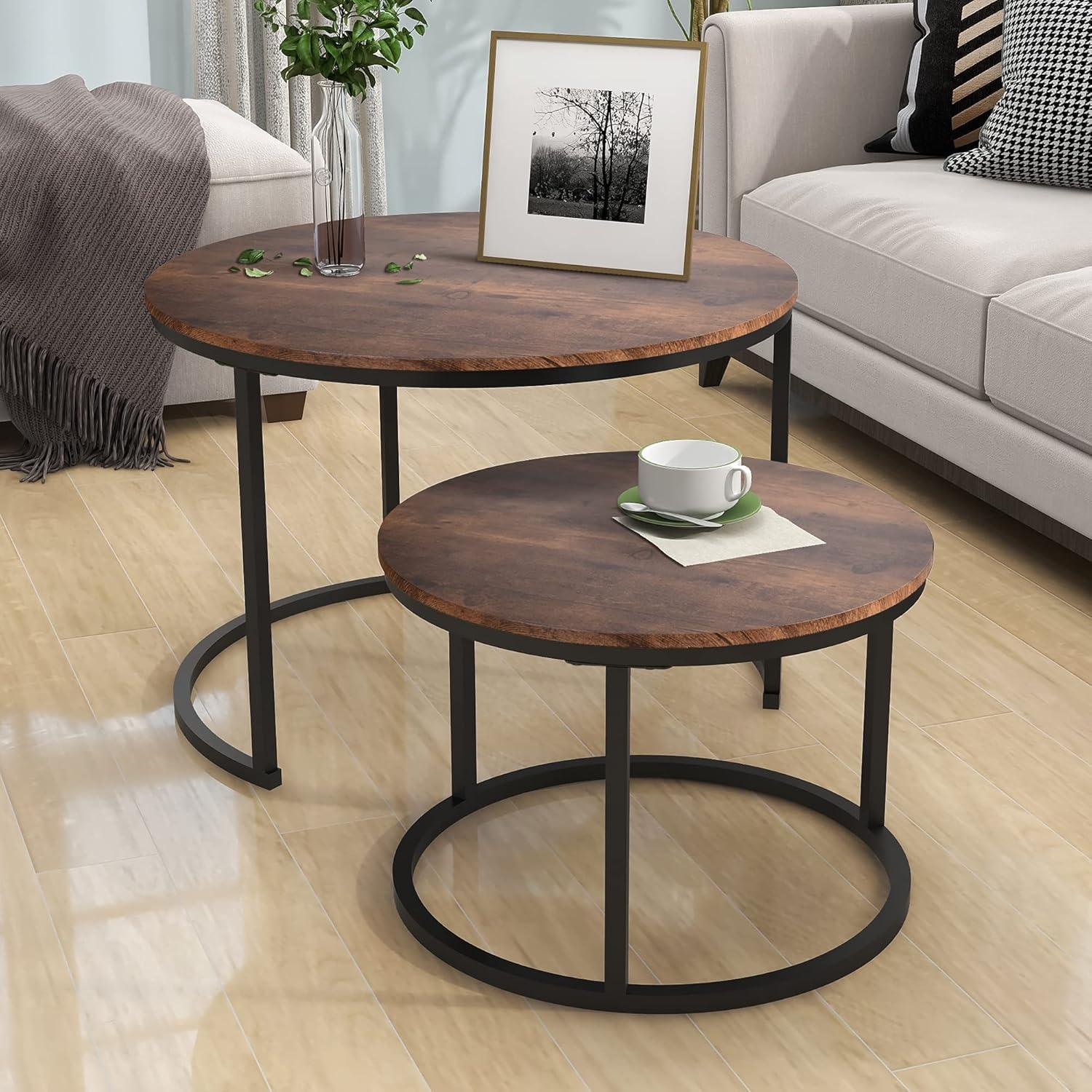 Industrial Round Coffee Table Set with Black Metal Frame and Rustic Brown Wood Look