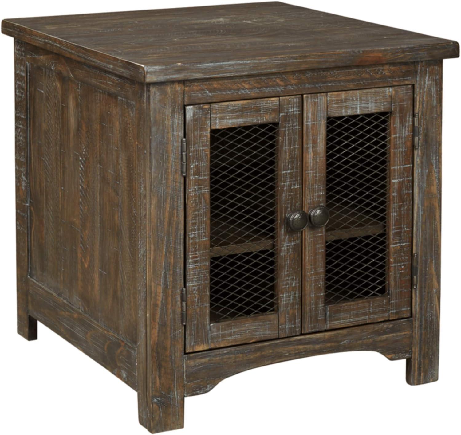 Danell Ridge Rectangular End Table Brown - Signature Design by Ashley: Farmhouse Mesh Cabinet Storage