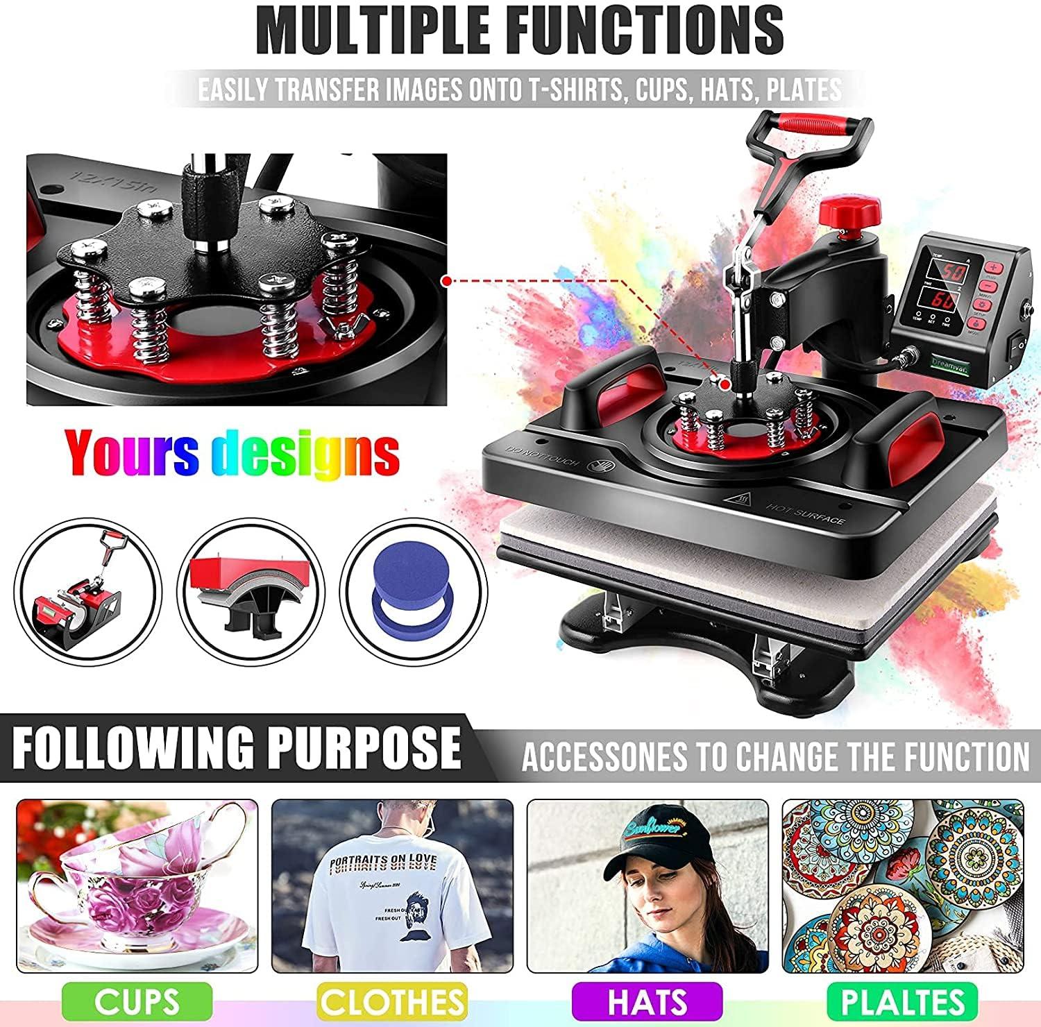 WHUBEFY Heat Press, 15x12 Inch 8 in 1 Shirt Press Multifunction Combo 360° Swing Away Digital Printing Heat Transfer Sublimation Machine Vinyl Heat Press Machine for T Shirts, Cap, Mug, Plate, DIY