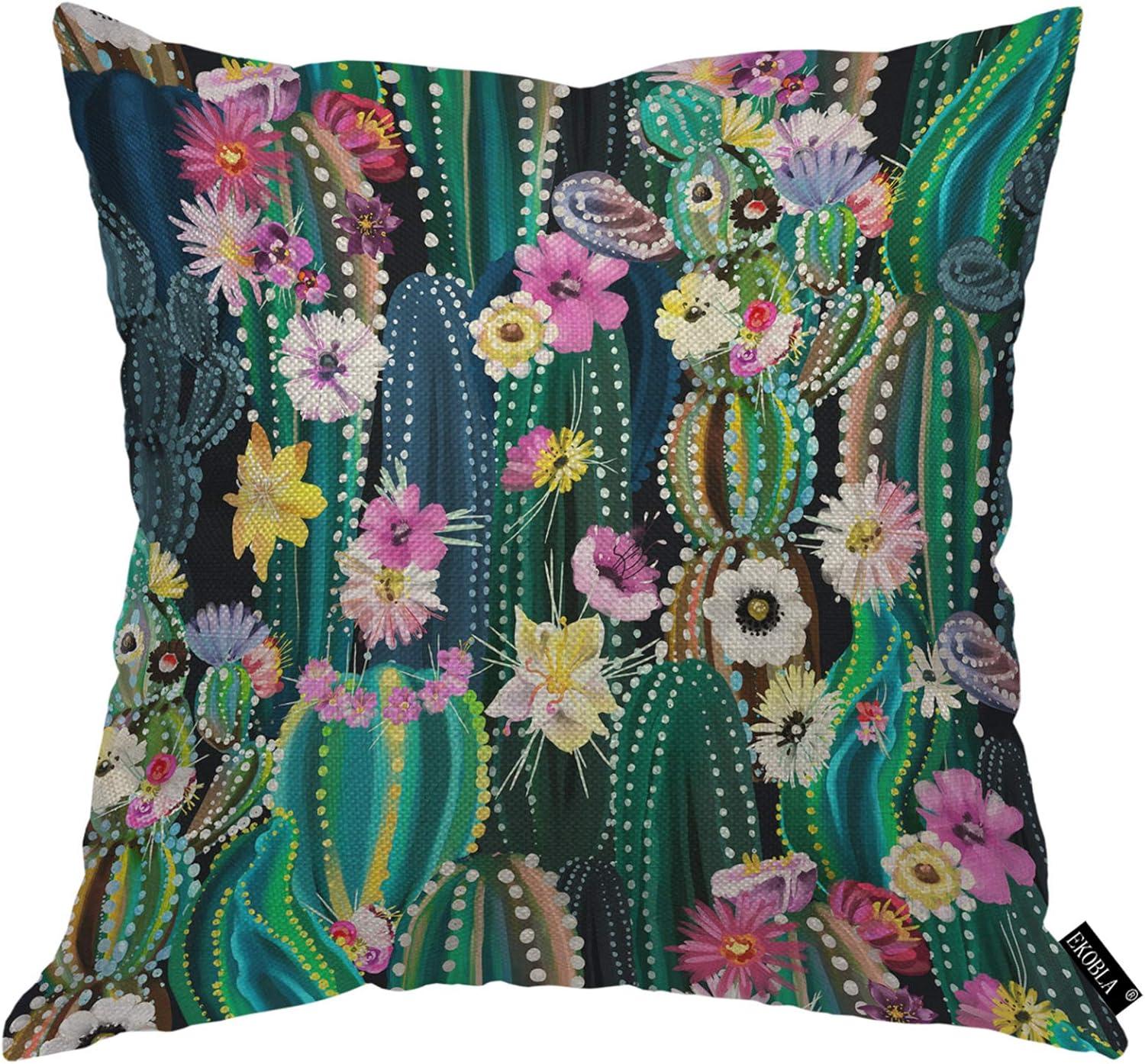 EKOBLA Watercolor Cactus Throw Pillow Cover Green Plants Succulent on Desert Exotic Blossom Cozy Square Cushion Case for Men Women Boys Girls Room Home Decor Cotton Linen 18x18 Inch