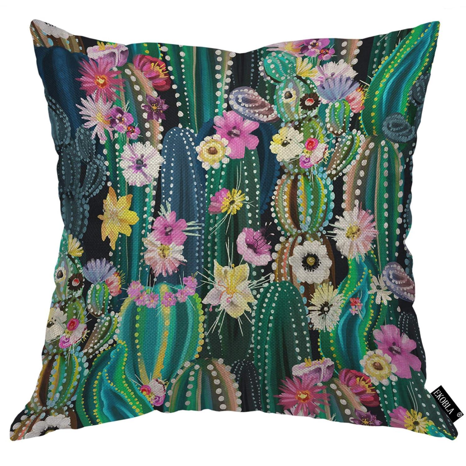 EKOBLA Watercolor Cactus Throw Pillow Cover Green Plants Succulent on Desert Exotic Blossom Cozy Square Cushion Case for Men Women Boys Girls Room Home Decor Cotton Linen 18x18 Inch
