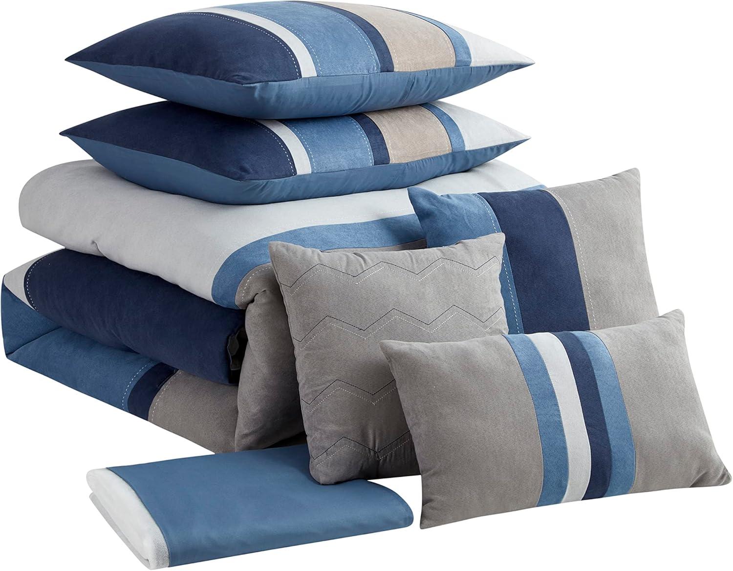Queen Comforter Set Ultra Soft Faux Suede Fashion Bedding Sets with Shams, Throw Pillows, and Bed Skirt, Queen, Denim